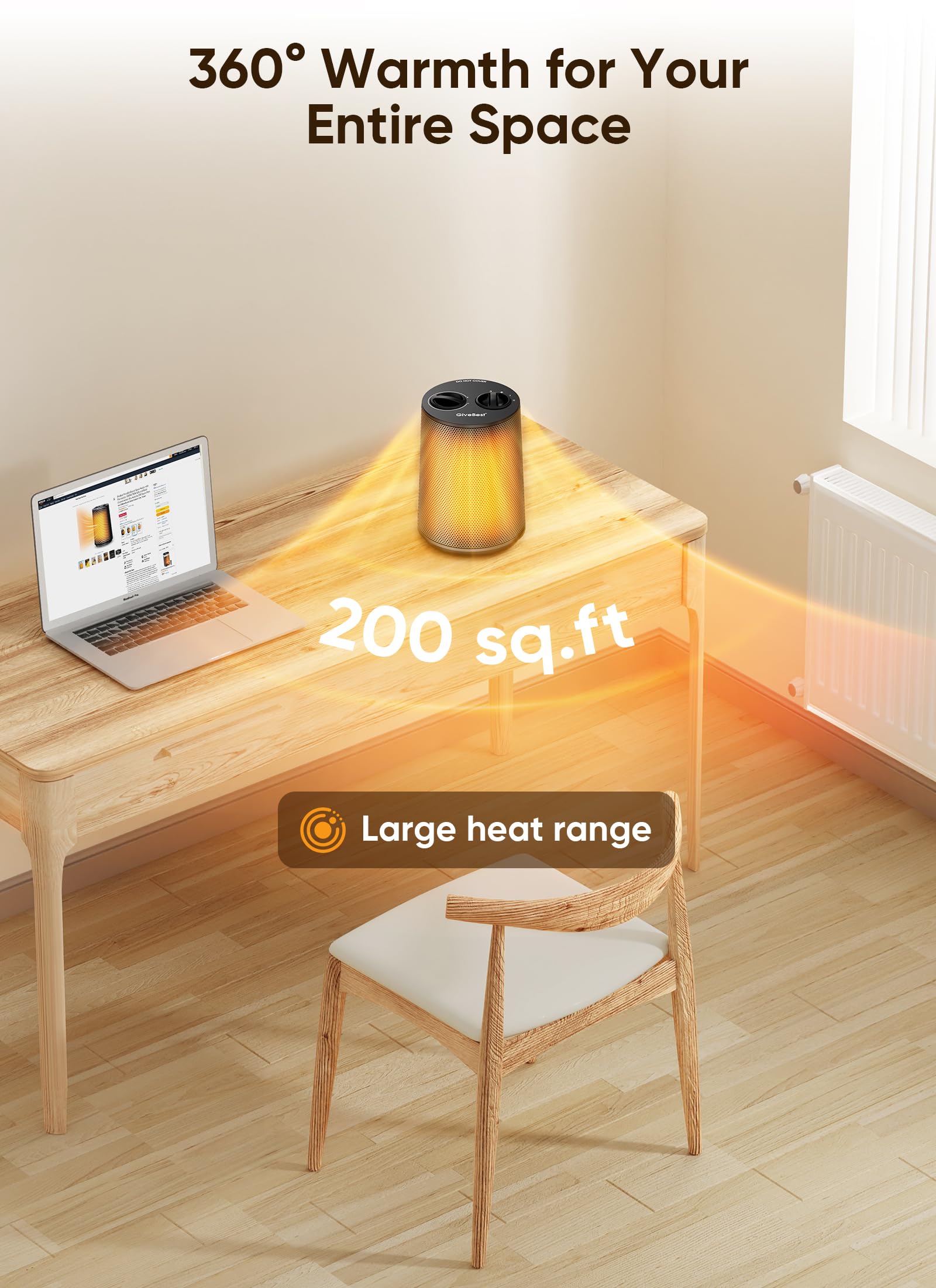 GiveBest Space Heater, 1500W Portable Heaters for Indoor Use, PTC Ceramic Heater with Heating and Fan Modes, Overheat & Tip-Over Protection, Ideal for Bedroom, Office & Desk Use, Black