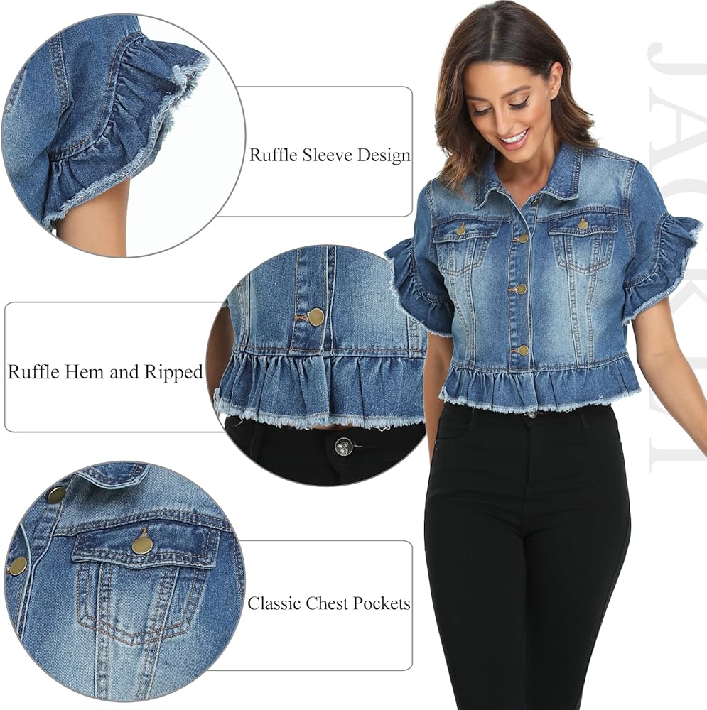 MISS MOLY Women's Denim Jacket Ruffle Sleeve Button Down