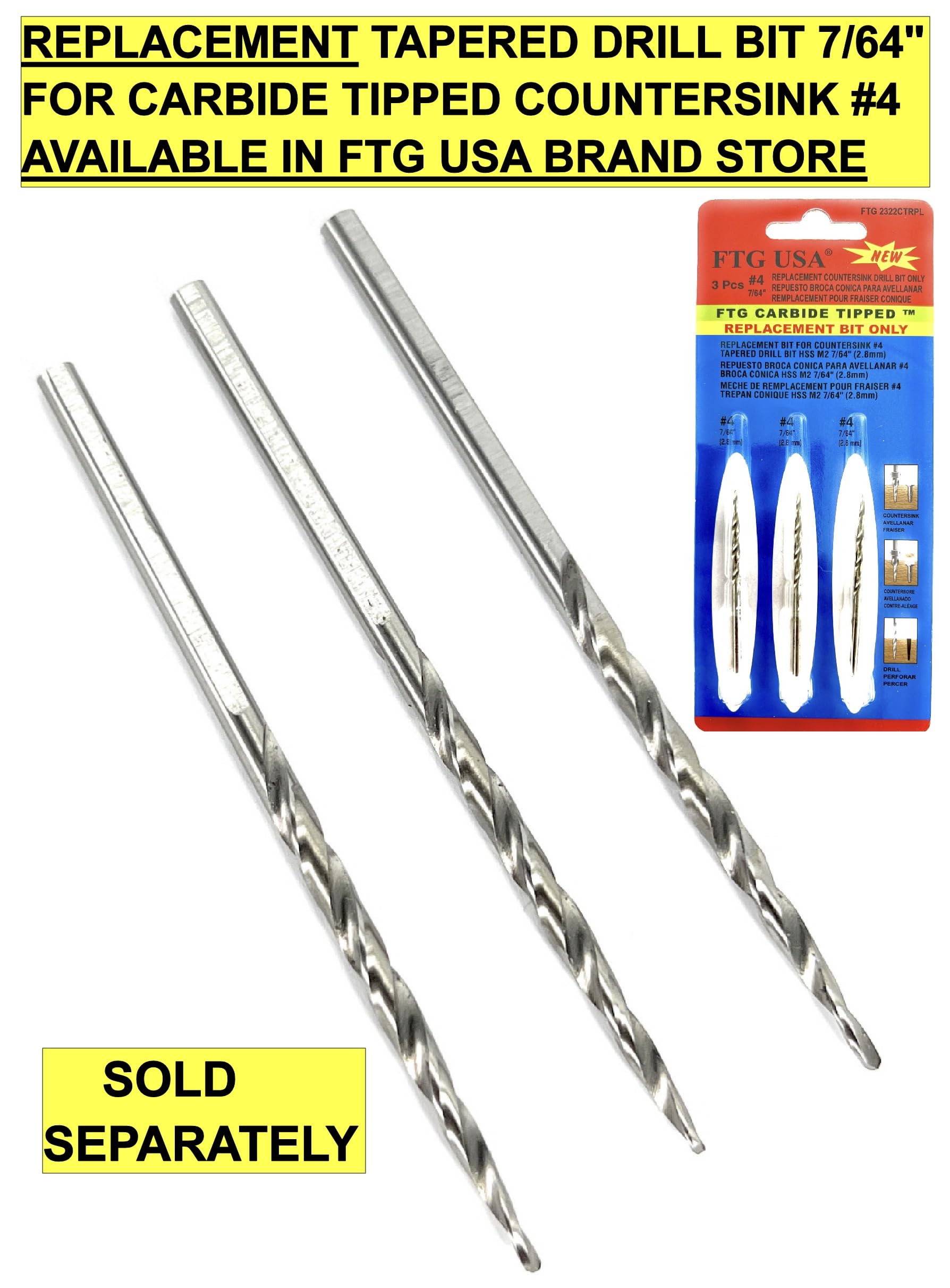 FTG USA 3 punte da trapano con punta in carburo di tungsteno #4 (7/64") con punta da trapano conica, codolo esagonale da 1/4", cambio rapido per la lavorazione del legno, con scatola portaoggetti