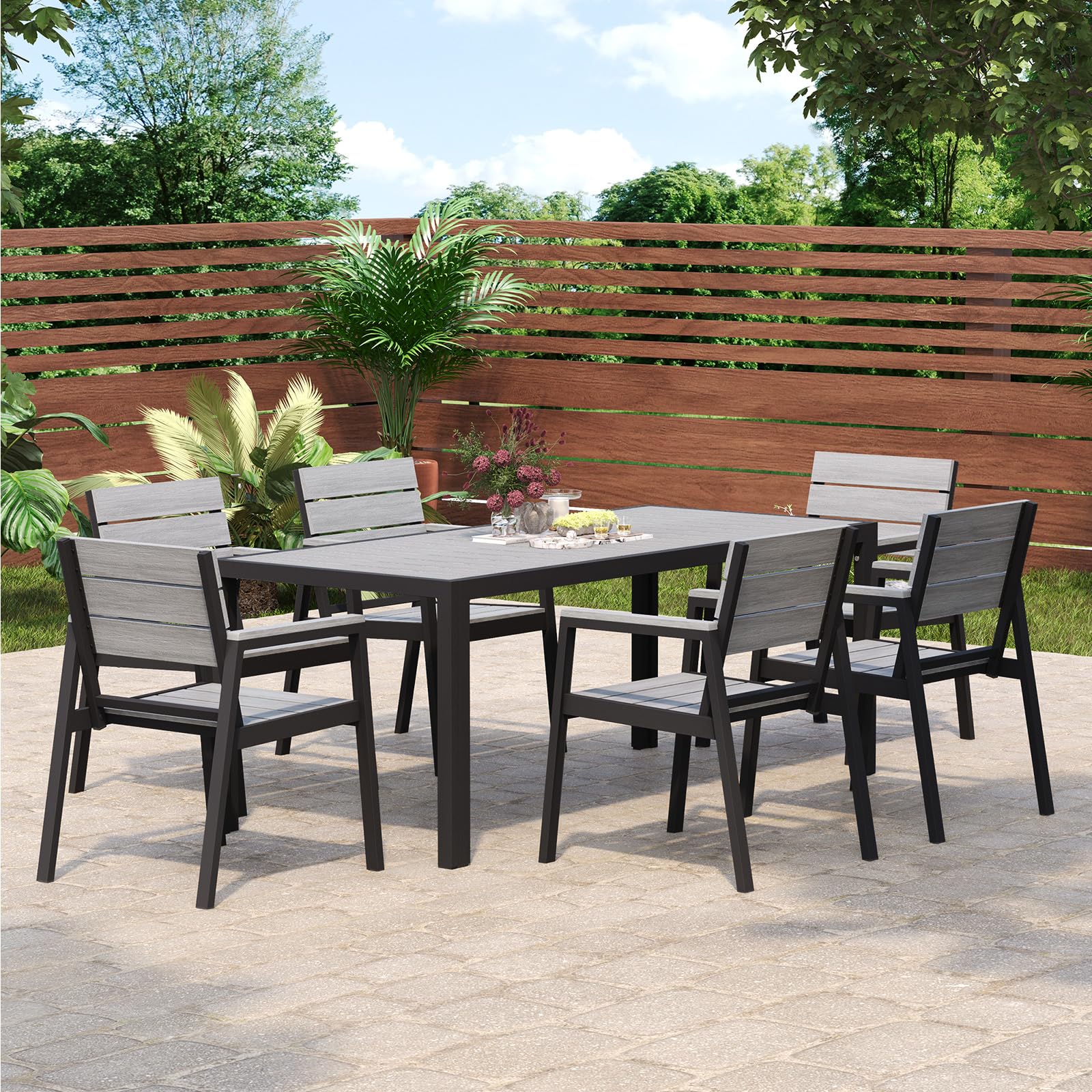 JUMMICO Set Giardino in Alluminio Effetto Legno : Tavolo + 4/6/8 Sedie. Robusto, Resistente alle Intemperie, Facile da Pulire. Perfetto per Terrazza, Giardino o Piscina