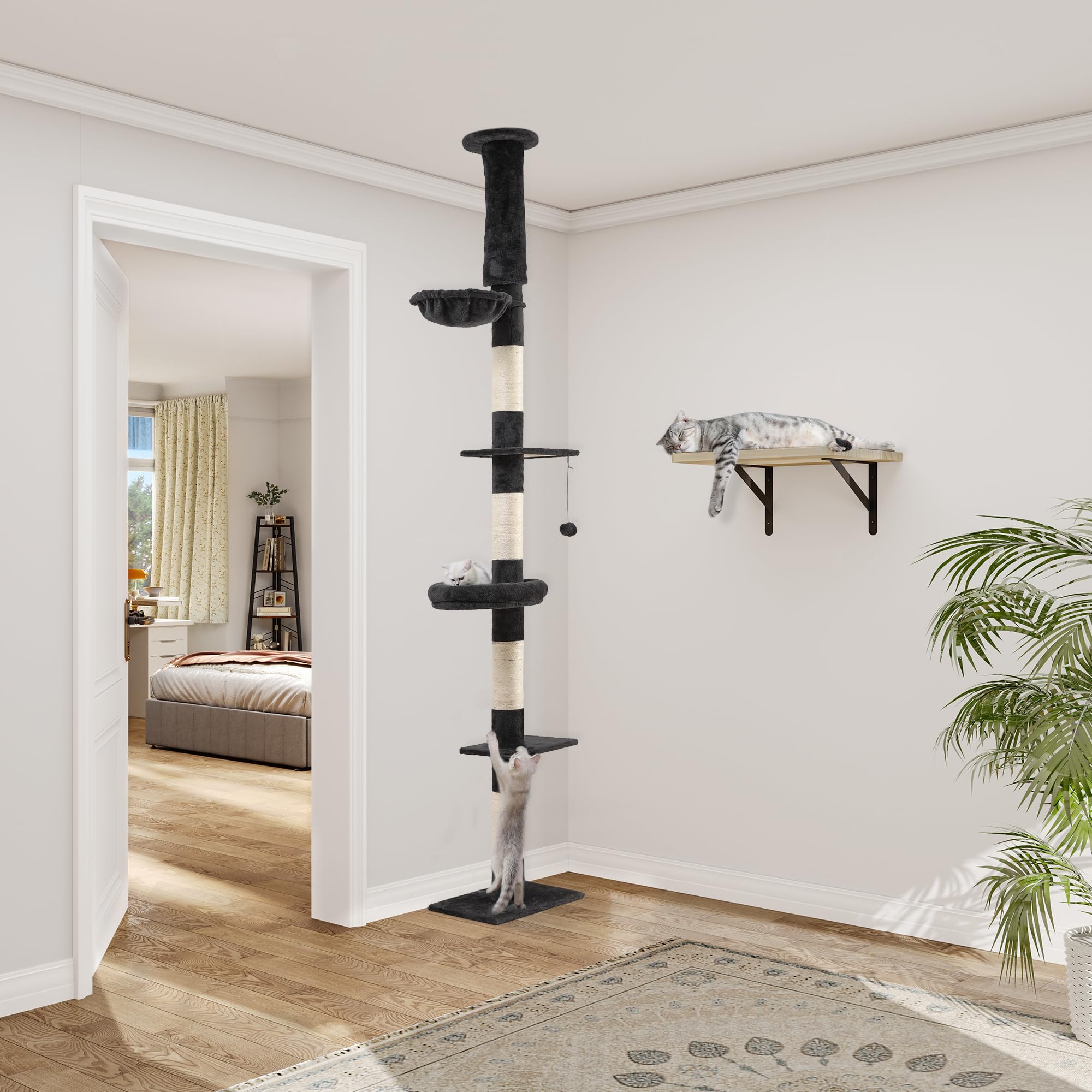 YITAHOME Kattenboom Toren Vloer Tot Plafond, 5 Niveaus Kattenklimframe Activiteitencentrum Kattenkrabpaal Voor Binnenkatten Met Verstelbare Hoogte Hangmat Stabiele Platforms Bungelend Speelgoed 1728394770