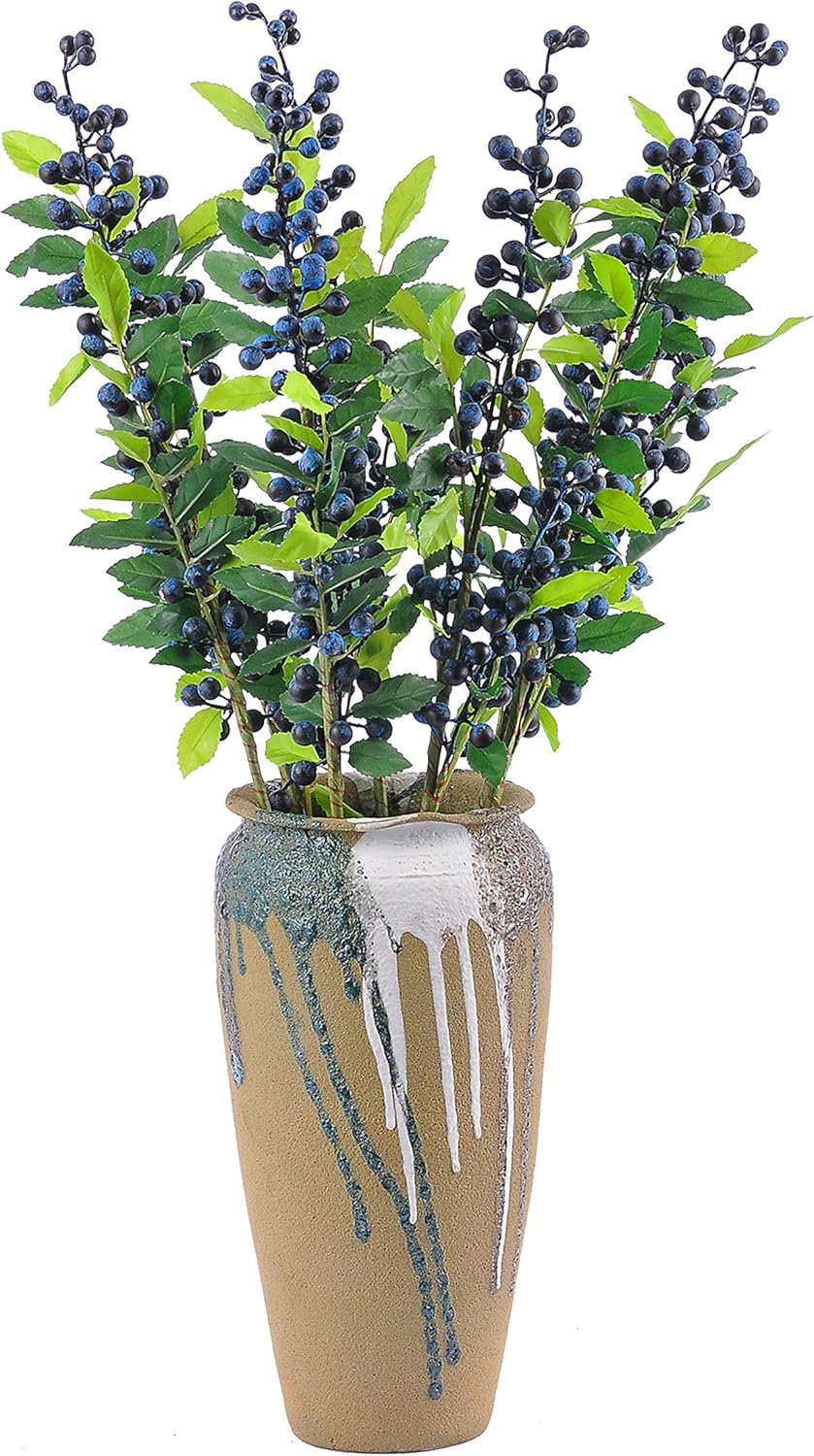 6pcs Artificial Berry Branches, 28 Inch Long Stem Faux Berry Picks with Green Leaves for Tall Vase Arrangements, Centerpieces, and Home Decorations,Blue Berry