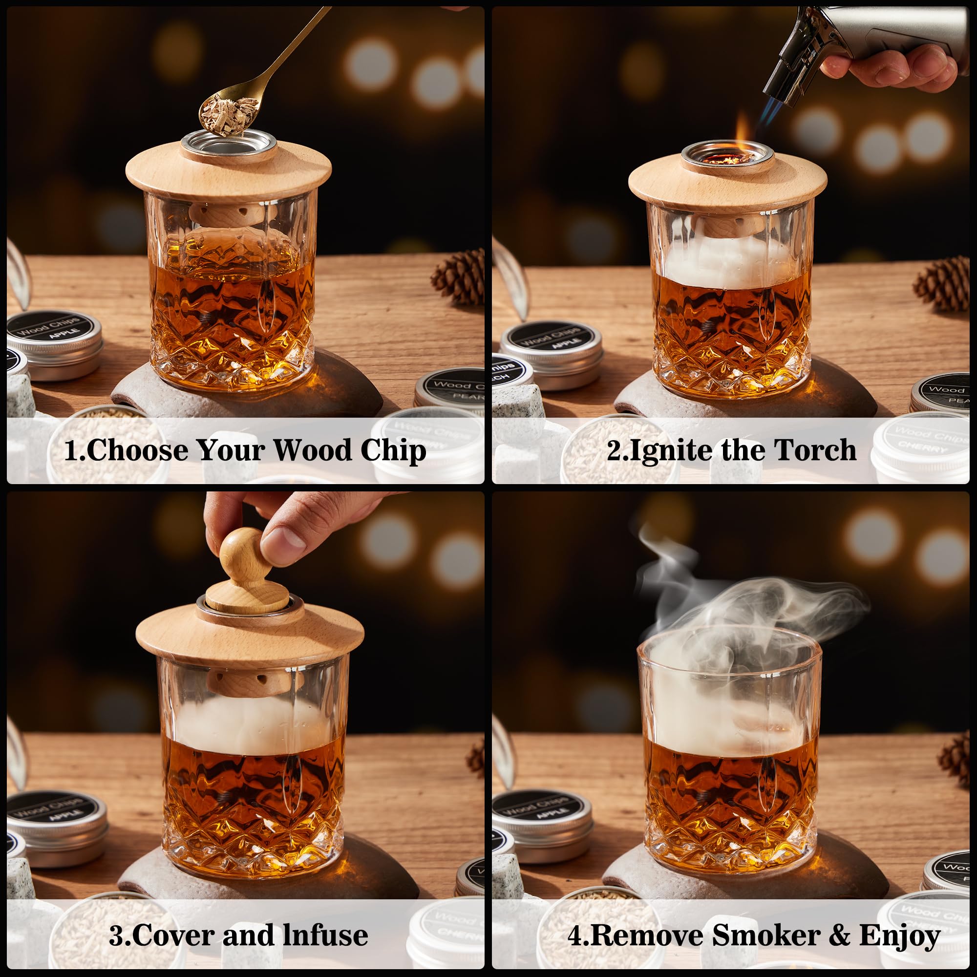 Zestaw do koktajli smoker – zestaw do wędzenia whisky 2025 z 6 drewnianymi chipsami, łatwy do czyszczenia i wydajny, Old Fashioned do whisky, bourbona i koktajli, prezent dla mężczyzn (bez