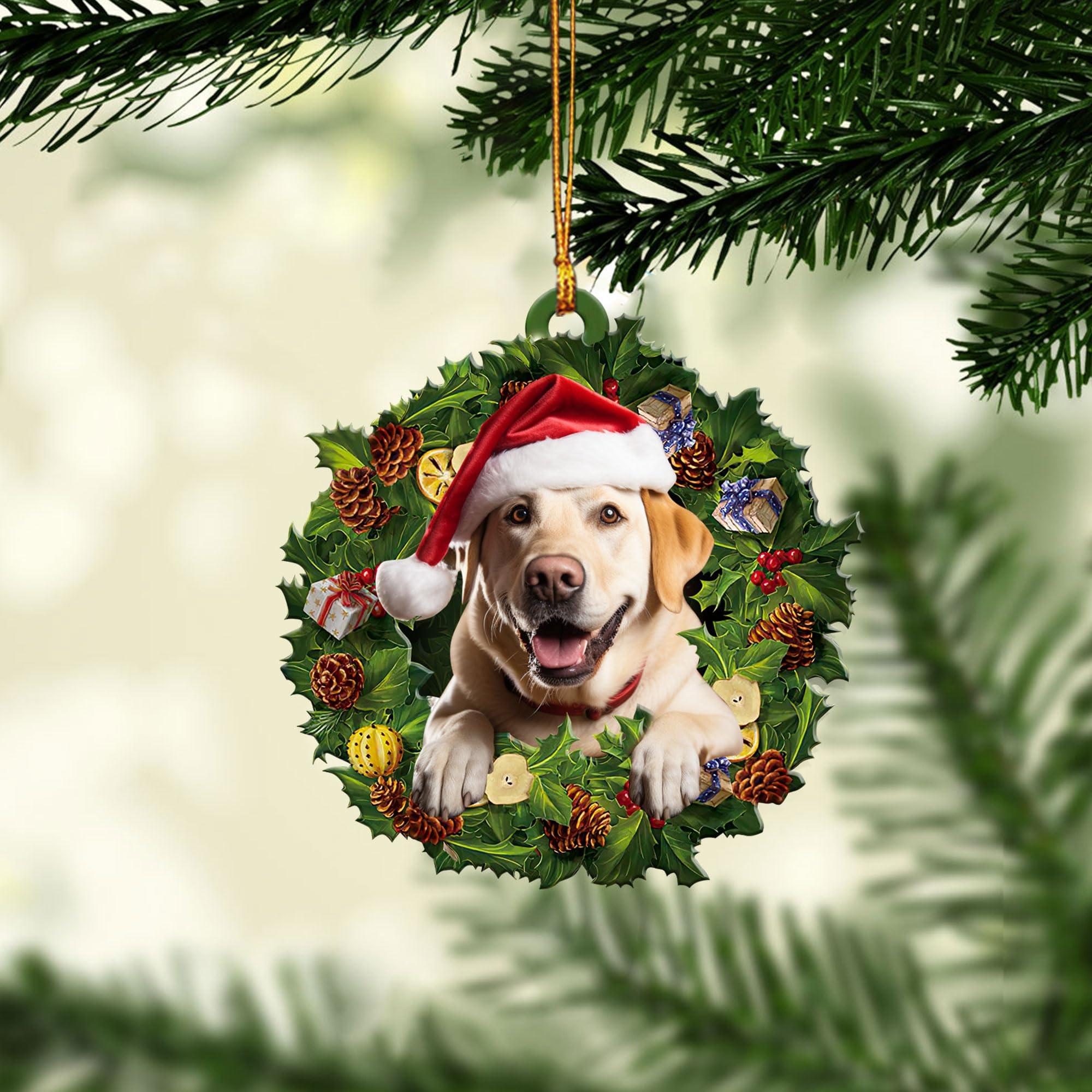 TalatacaLabrador Retriever 2D Flat Christmas Ornament, Yellow Lab Amarillo Christmas Hat Wreath Pine Tree Decor, Hanging House Charm Eve Keepsake, Car Rear View Mirror Accessories, Xmas Gift