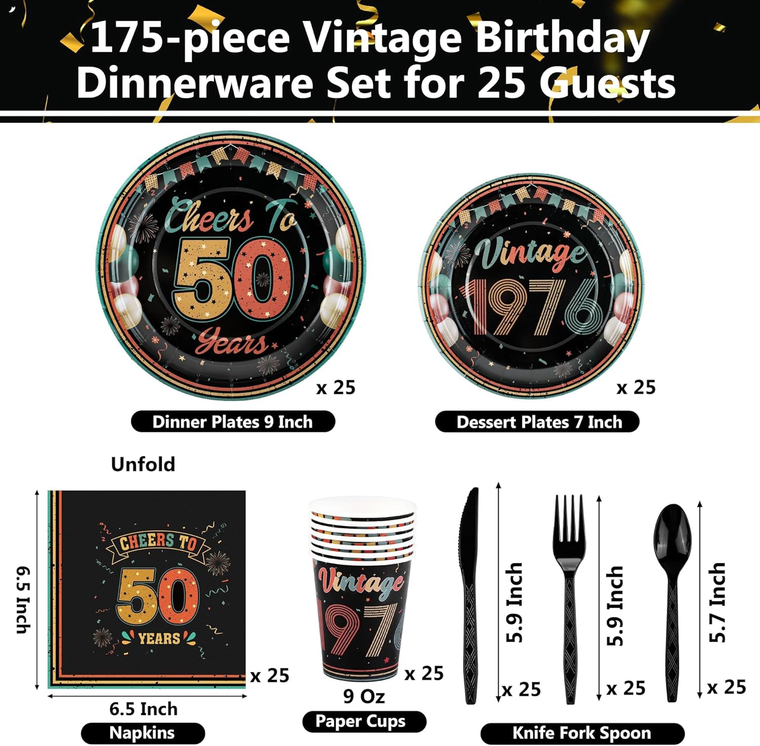 Kochorie 175 Pieces Vintage 50th Birthday Party Supplies Cheers to 50 Years Birthday Party Table Decoration Back in 1976 Tableware Set 7 Inch & 9 Inch Paper Plates Napkins Cups Cutlery Serves 25