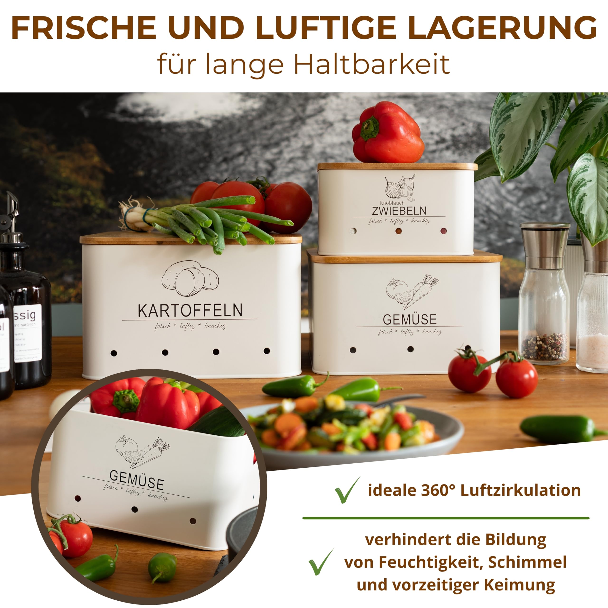 Kartoffel Aufbewahrungsbox Küche – 3er Set – Gemüse länger frisch – Vorratsbehälter für Kartoffel, Zwiebel & Gemüse – stapelbare Aufbewahrungsboxen mit Bambusdeckel – modern Weiß – MNKsolution
