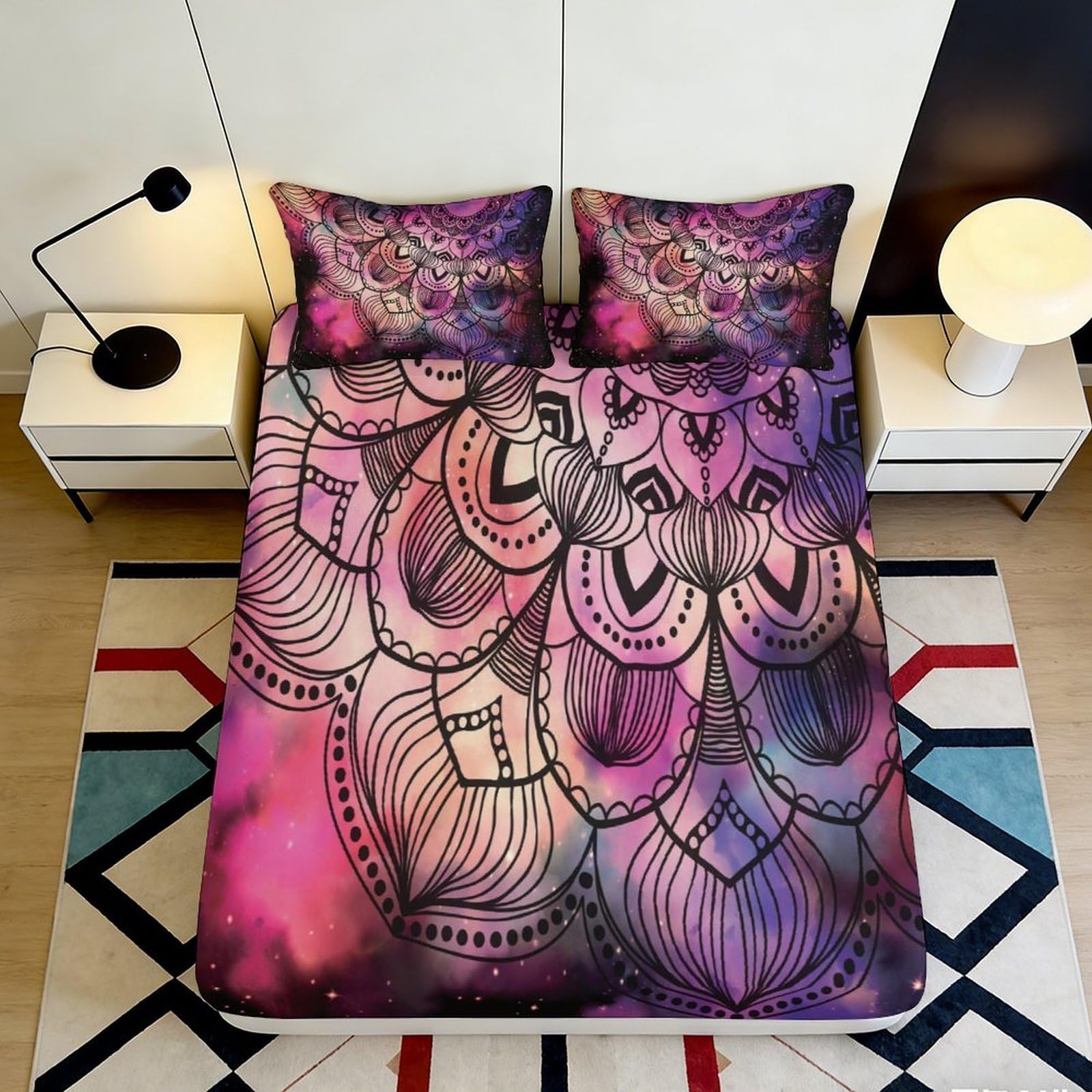 3D Printed Pink Purple Mandala Fitted Sheet Microfiber Durable Smooth Cosmic Nebula Bed Cover for Bedroom Dormitory Guest Room Mattress Protection 90x200x25cm