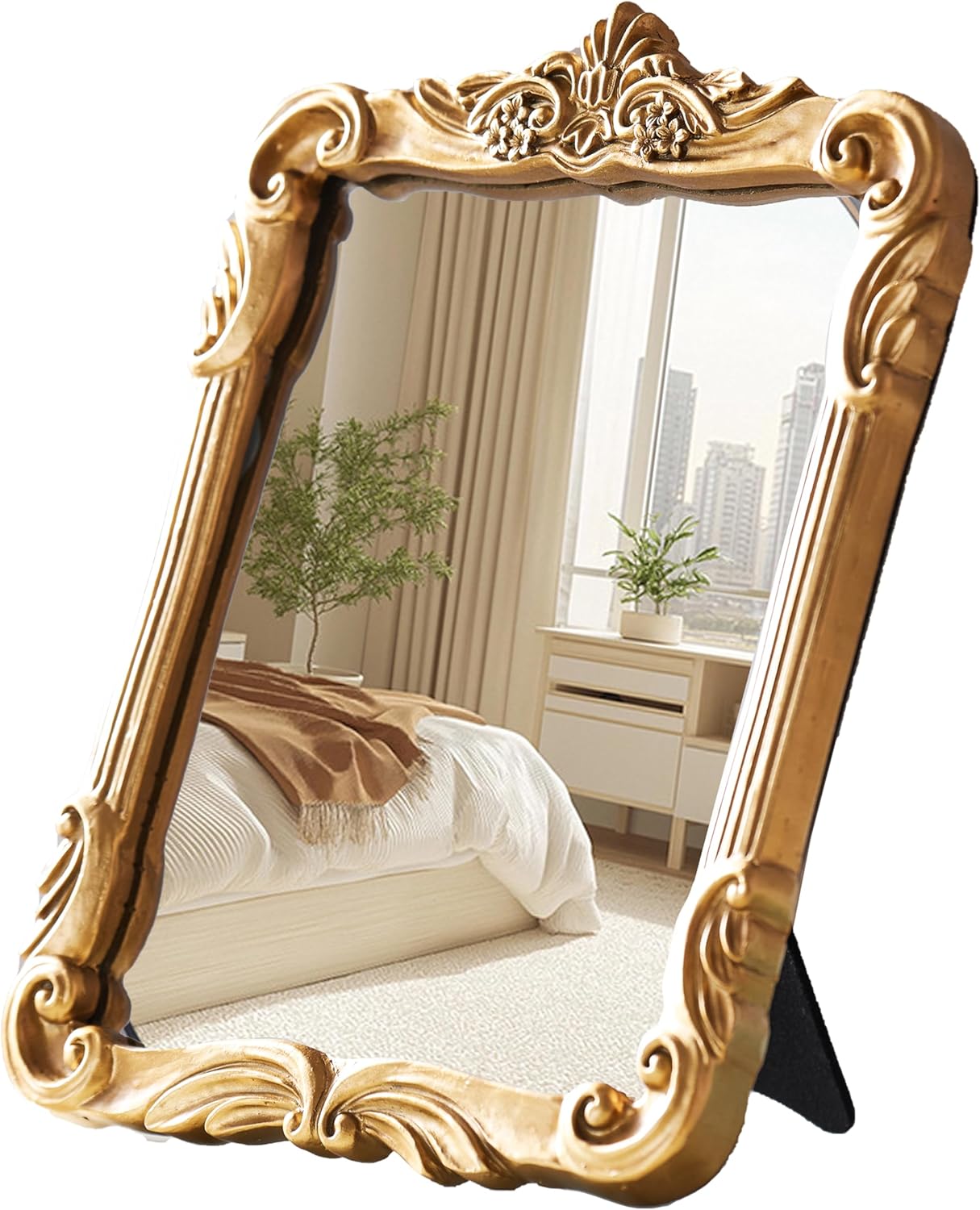 Gold Vintage Wall Decor Hanging Mirror, Boutique Chic Vanity Square Mirrors, Retro Decor Espejo,Antique Table Makeup Mirror with Stand,Living Room,Bathroom,Bedroom,11.8" L x 9.5" W Gold