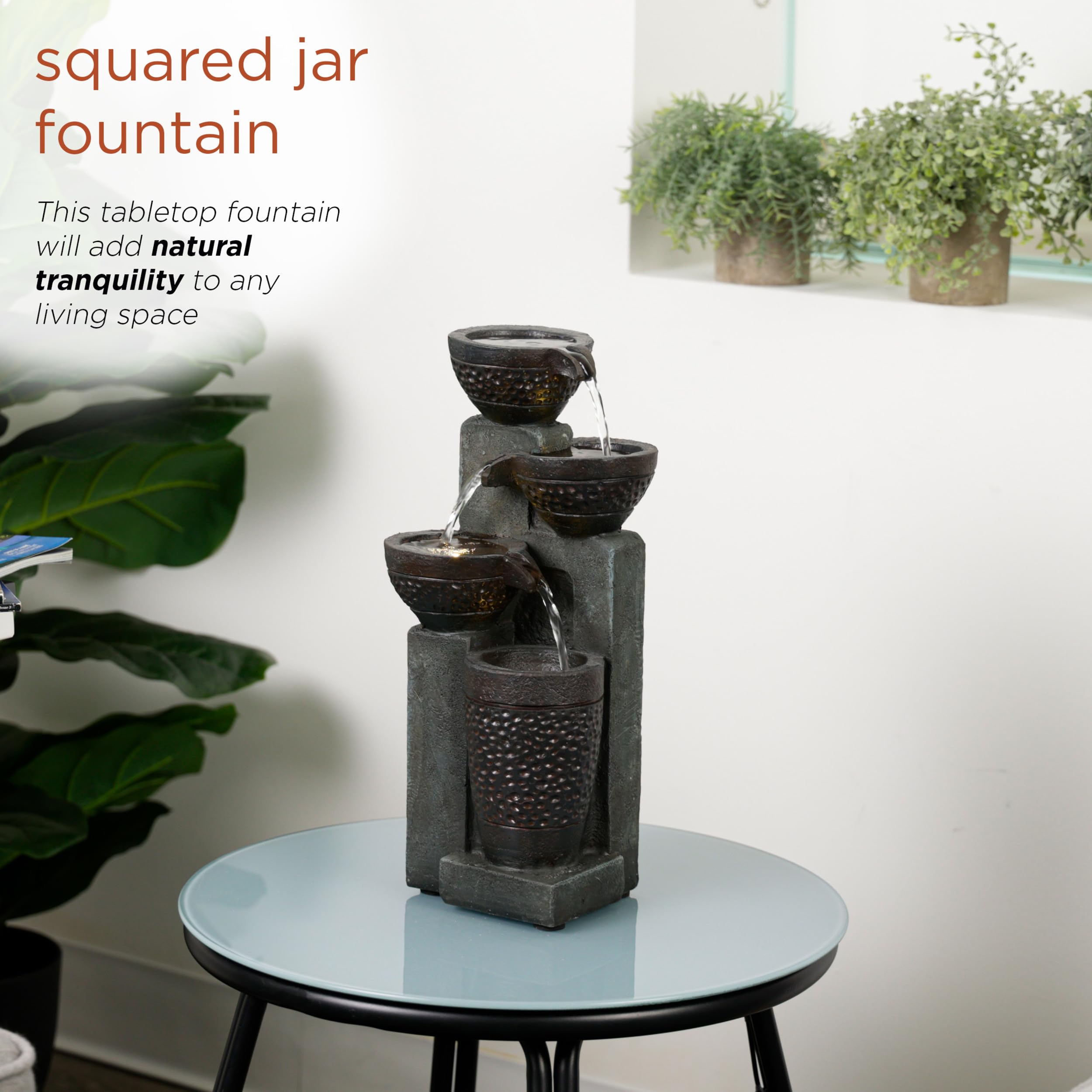 Alpine Corporatio 14" Tall Stoned Jar Cascading Water Fountain with LED Lights, Elegant Tabletop Water Feature for Home, Office, Living Room, and Bedroom Decor, Gray 4