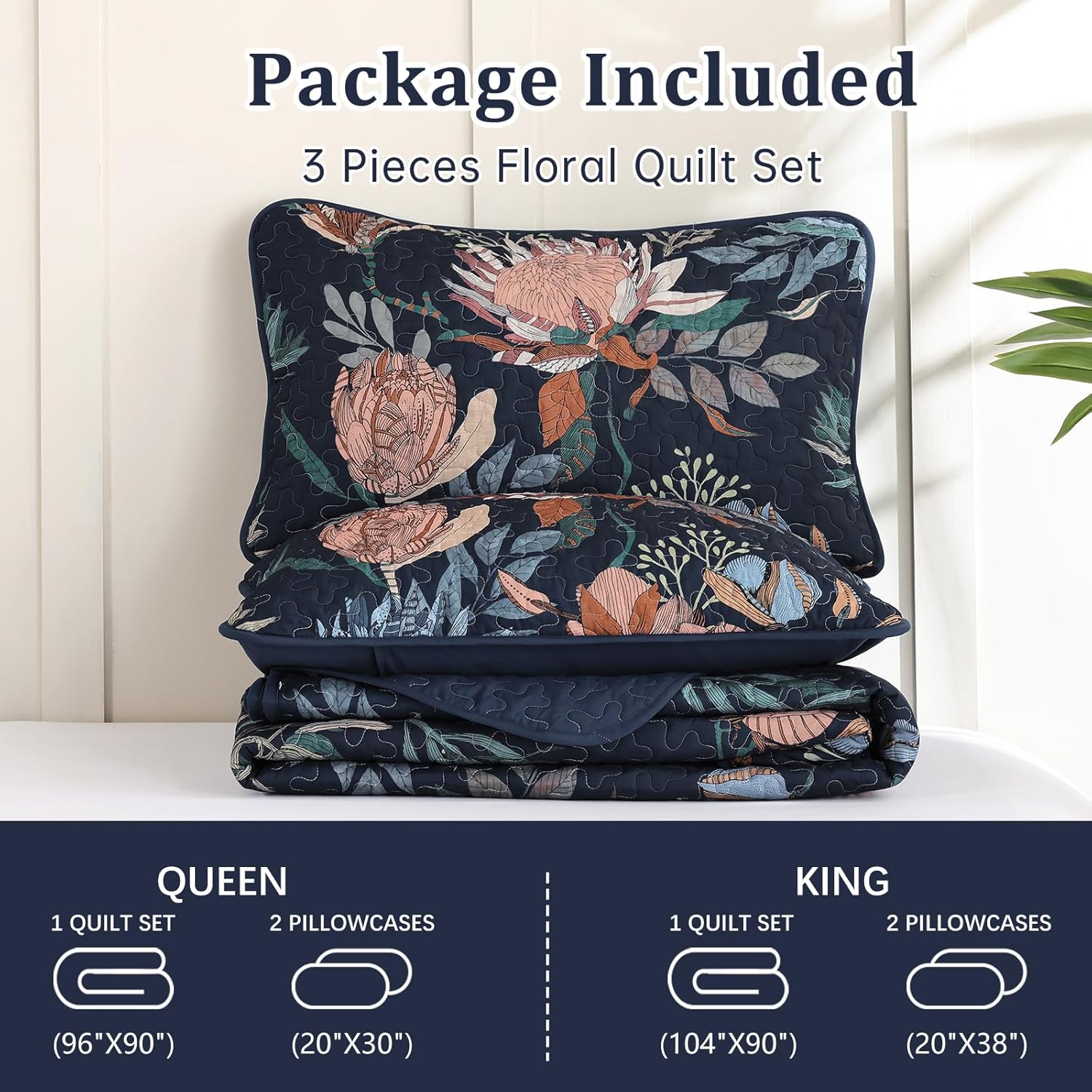 Dintszyayue Quilt Queen Size Navy, 3 Pieces Boho Floral Bedspread Bedding for Queen Size Bed, Soft Lightweight Microfiber Coverlet Set for All Season Quilt with 2 Pillowcases - Image 7