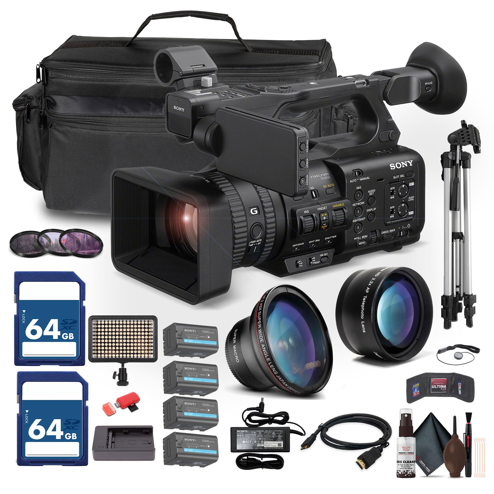 Sony PXW-Z200 4K 1" CMOS Sensor XDCAM Camcorder W/ 3 x BP-U35 Battery + 2 x 64GB Memory Card + Large Case + LED Light + Telephoto Lens + Card Reader +