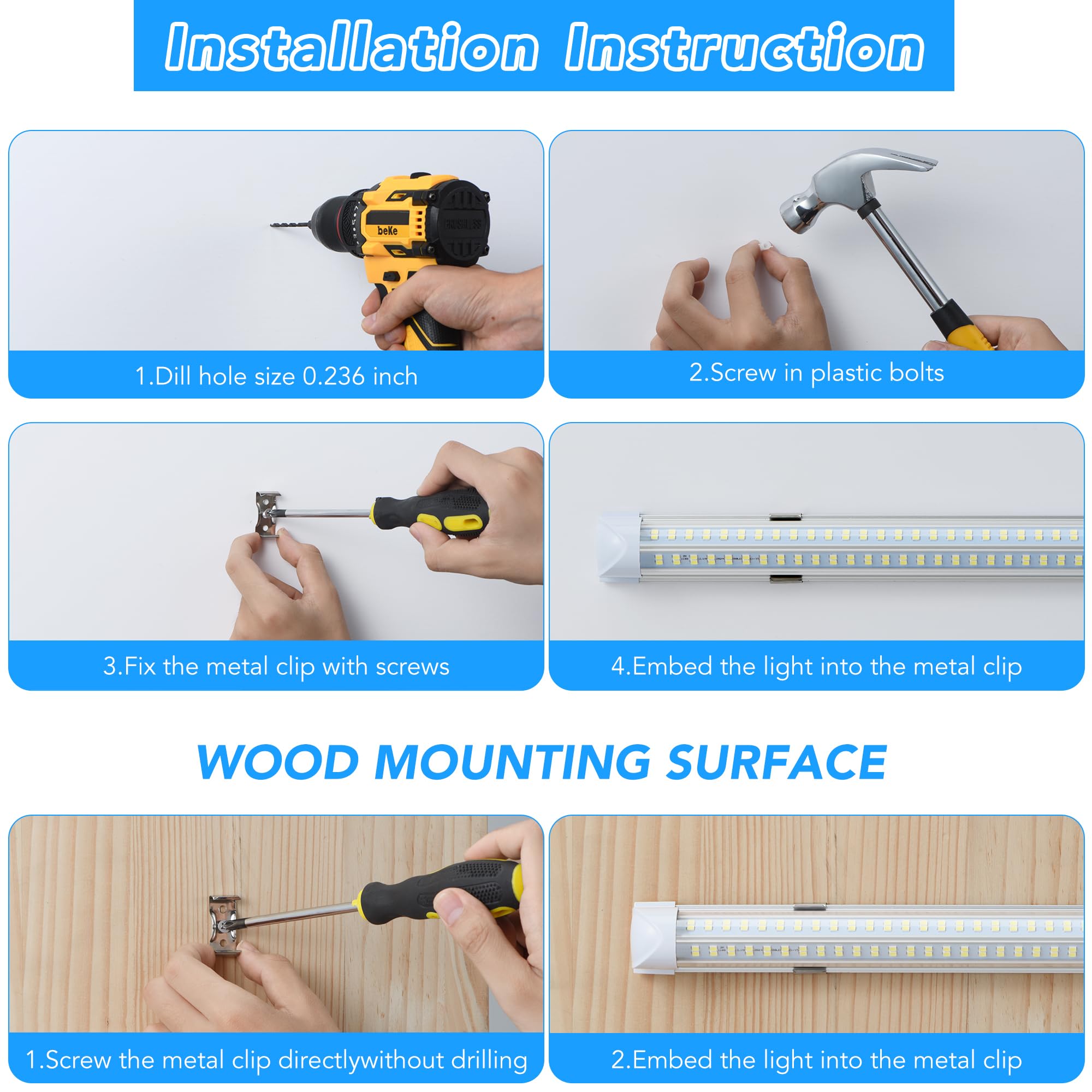 T8 LED Shop Lights 4FT 4 Pack 60W 9600LM 6000K Daylight White Linkable Lighting Plug Play Energy-Saving Work — view 5