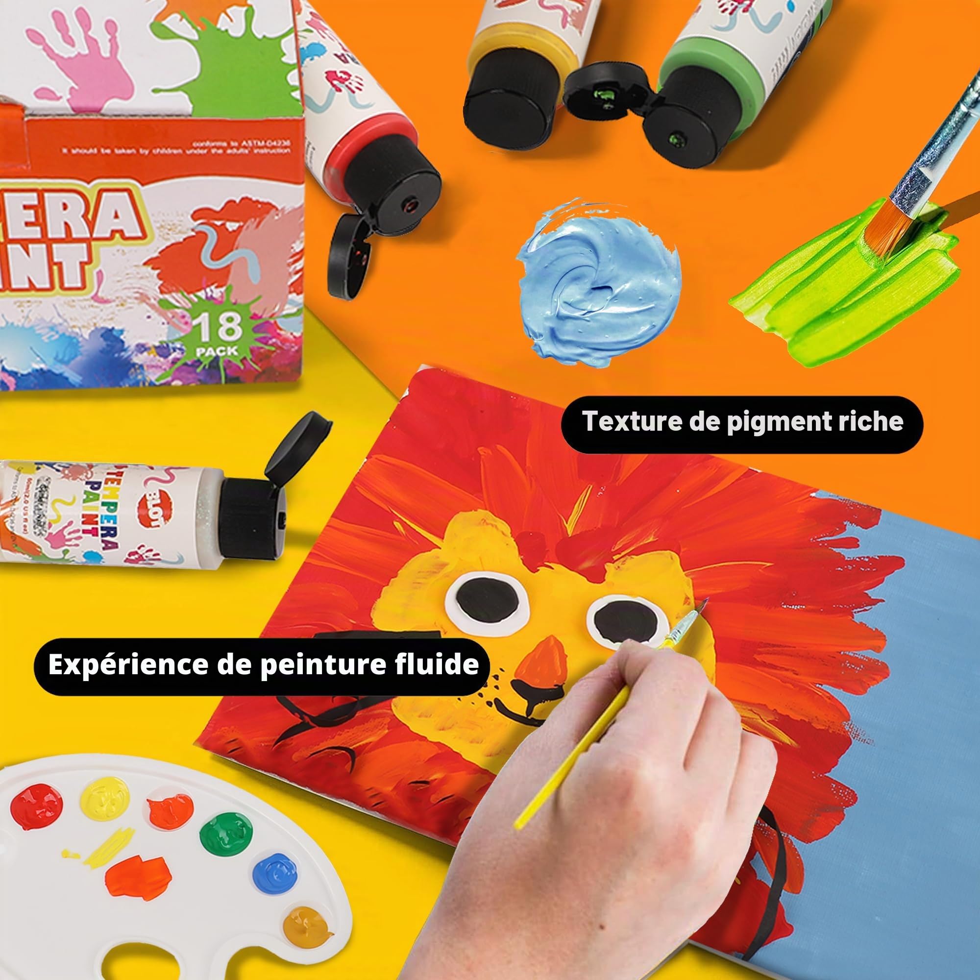 BLOT Tempera Peinture Enfants 18 Couleurs Peinture Doigt Lavable Non Toxique avec Pinceaux