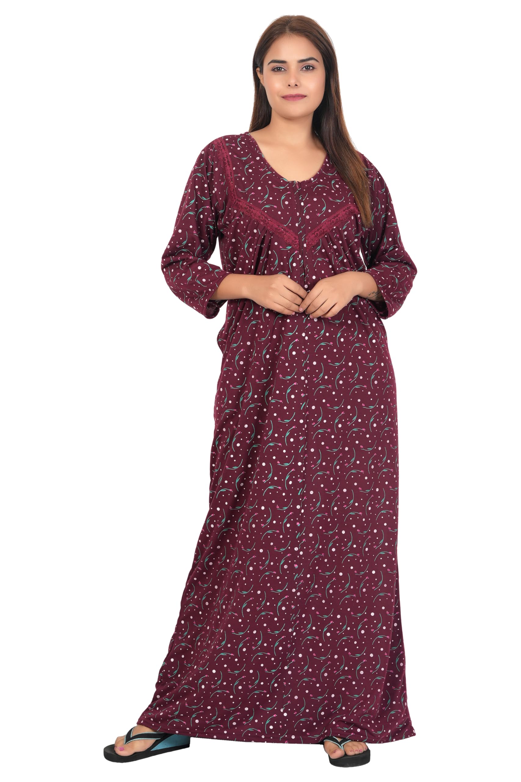 ren star Women's Hosiery Cotton Nighty| Full Sleeves | Night Wear | Maxi for Women | Size-X-Large, V Shaped Neck (Article-031) Maroon-picture-23