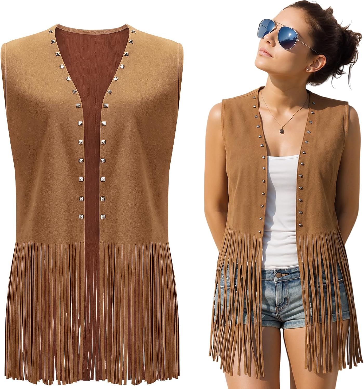 Hercicy Fringe Vest for Women 70s Hippie Western Cowgirl Vest Faux Suede Rivets Sleeveless Tassel Leather Vests Jacket