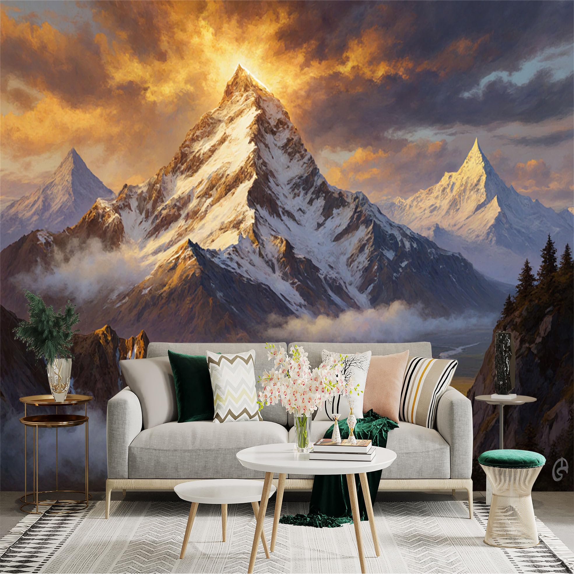 Lnzczhyre Xc260505197 Custom Size Wall Sticker Mural， Majestic Snowy Peaks At Sunset， Winding River Valley， Dramatic Mountain Scenery， For Wall Decoration， Peelandstick Wall Decals.
