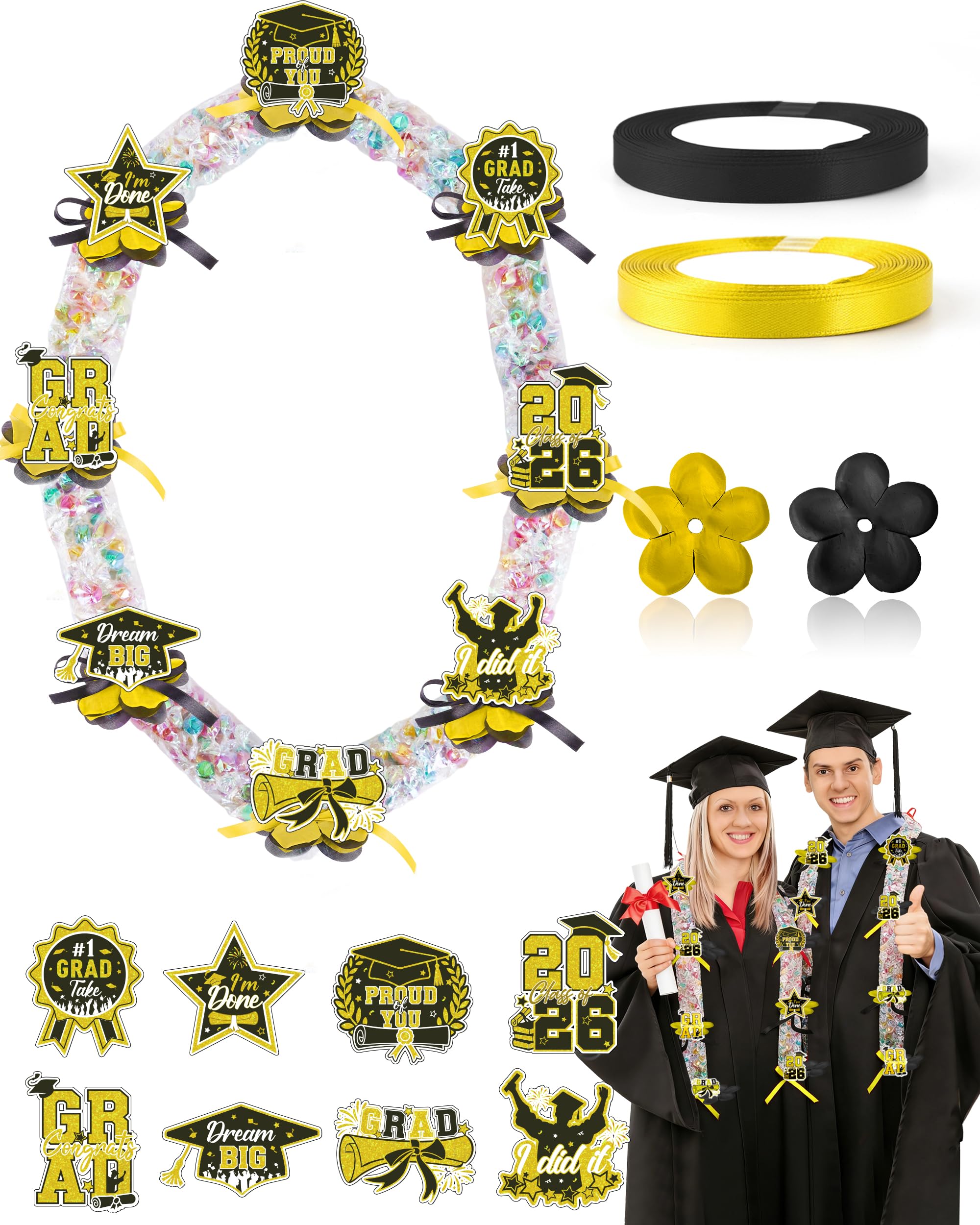Kit tubes candy lei 249 pcs avec fleurs et rubans pour diplôme 2026 noir et or