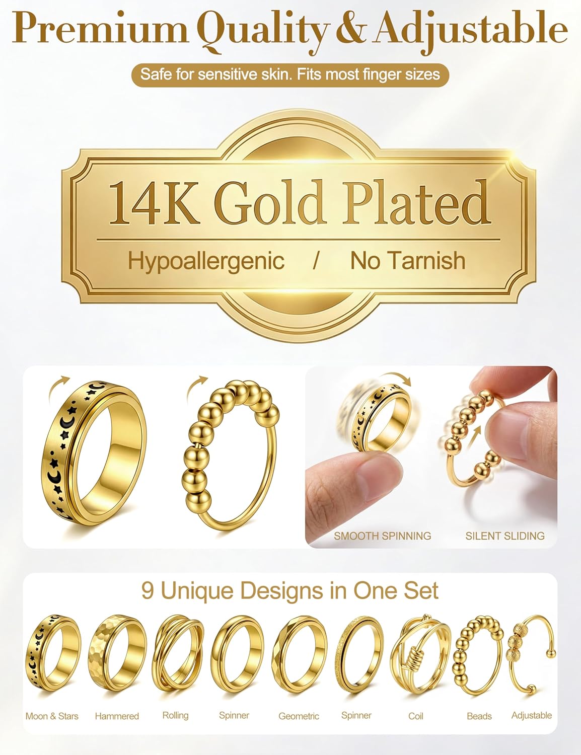 MILACOLATO 9Pcs Fidget Rings for Women Men Anxiety Ring Set Stainless Steel Fidget Spinner Ring for Anxiety Relief Star Moon Stackable Adjustable Rings Non Tarnish Stress Relief Jewelry Gifts
