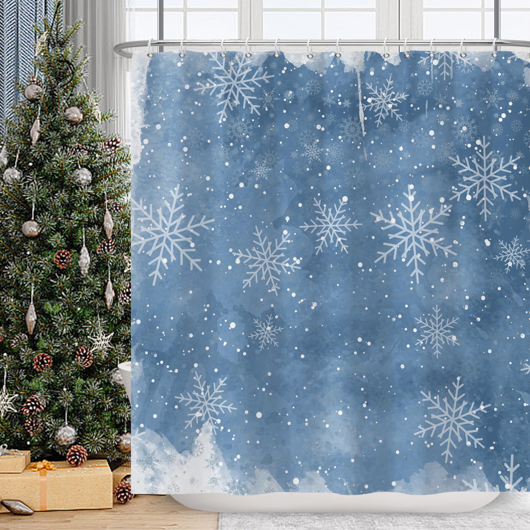 Duschvorhang ‚Weihnachtsschneeflocken‘ – 183x183 Cm, Wasserdicht – Mit 12 Haken, Winter-Design In Rot & Grau