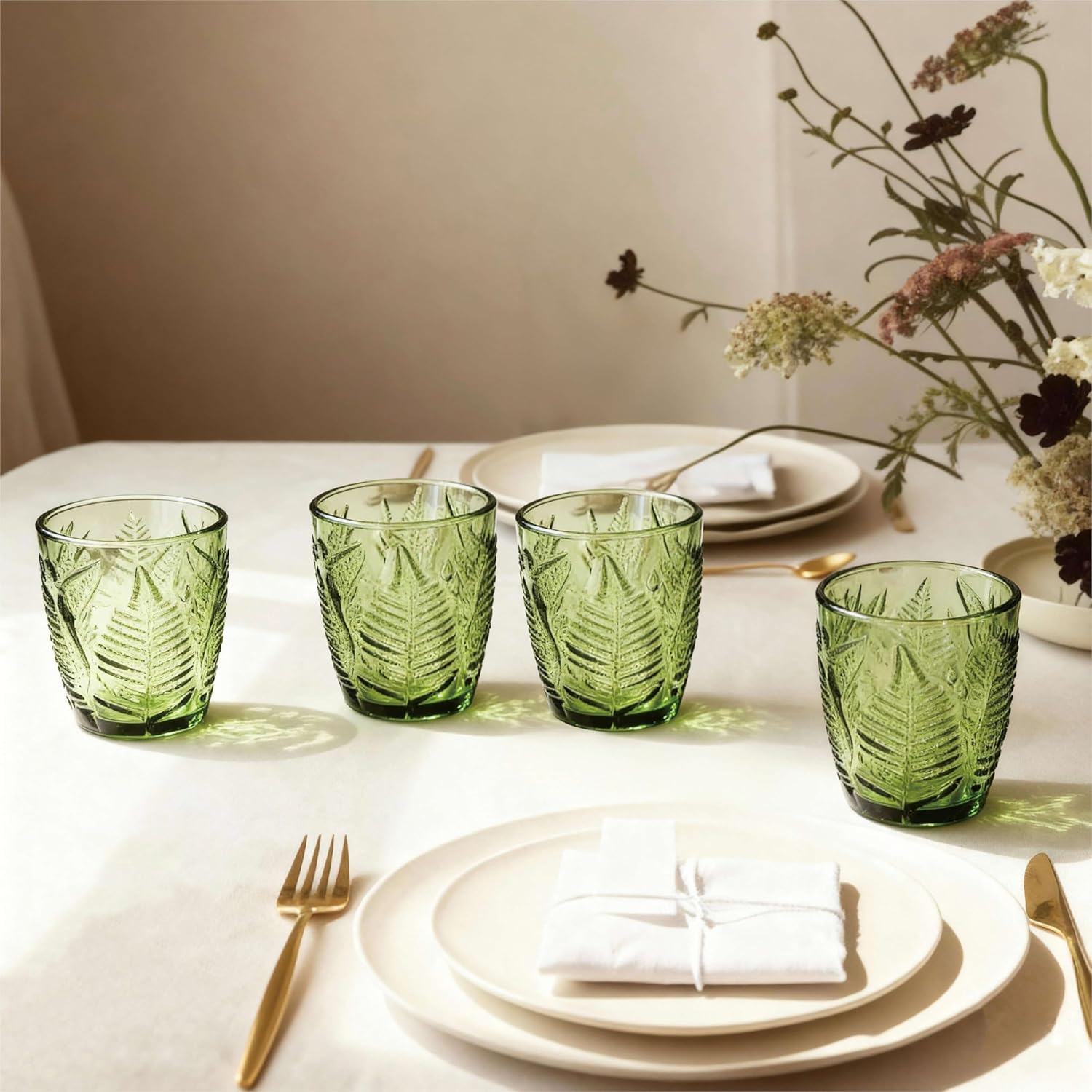 Vintage Leaf Pattern Glass Tumblers, Set of 4, 10oz Green Embossed Drinking Glasses, Retro Lowball Water Cups for Home or Bar (4, Green) - Image 6