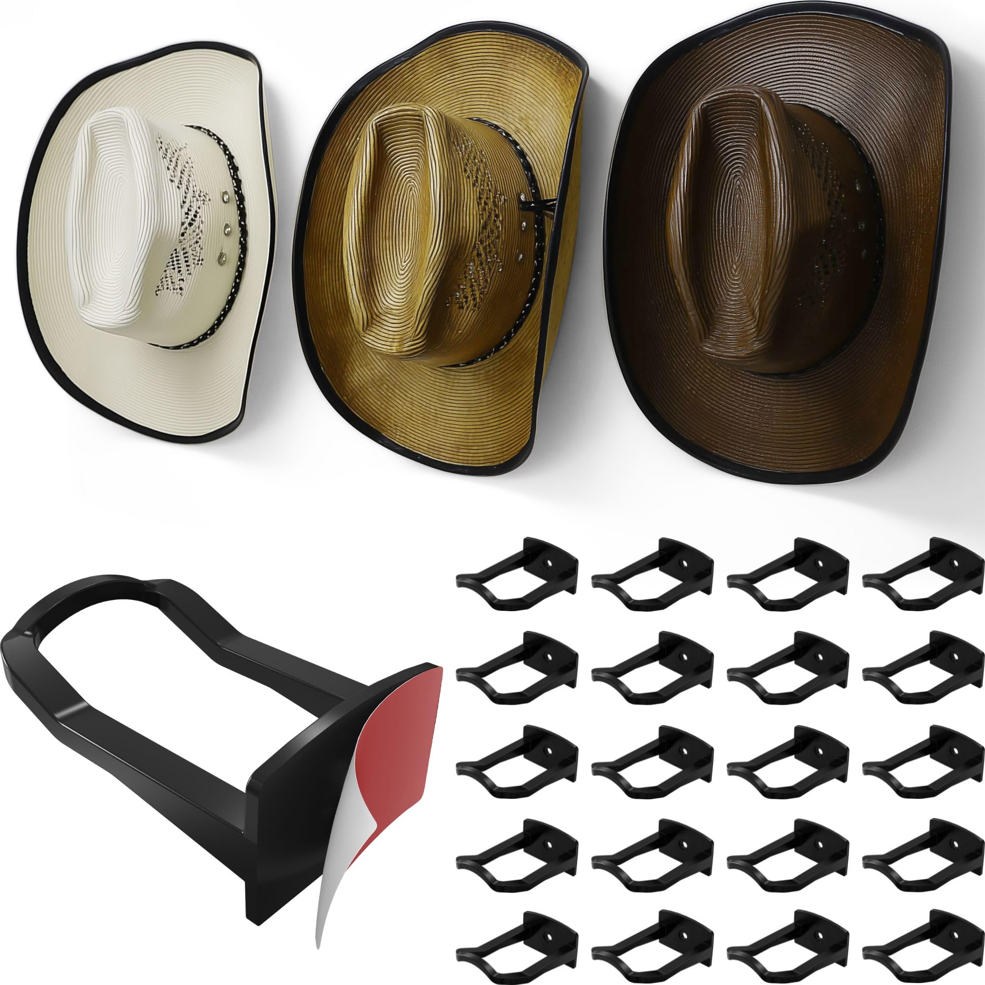 Modern JP Adhesive Cowboy Hat Hooks for Wall (20-Pack) – 3-Inch Wall Mount for Secure Hold, Wide Brim Hat Organizer, Western Room Decor – Black