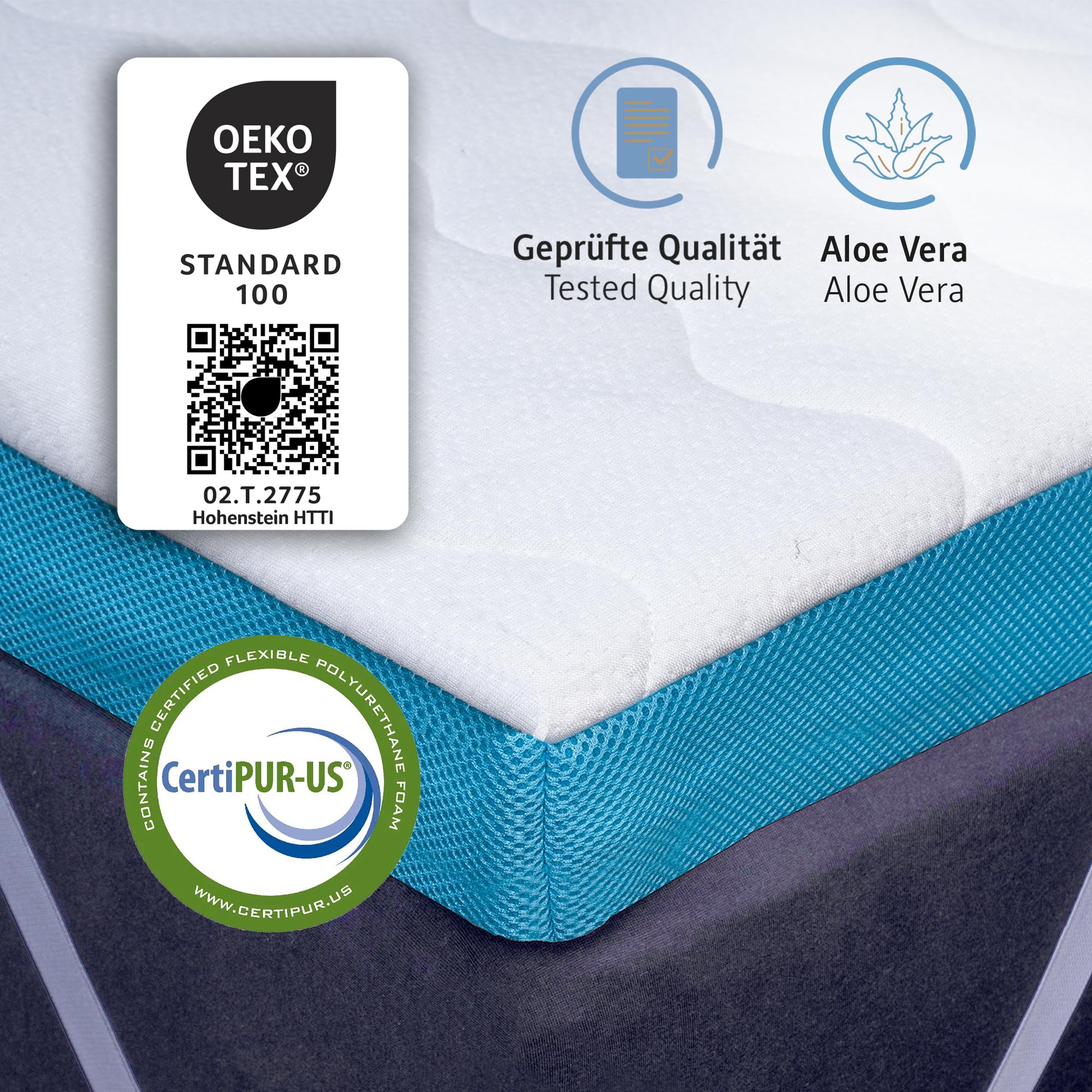 Komfortec Gel Topper 180x200 cm H3/H4, Matratzentopper für Boxspringbett, Oeko-TEX Zertifiziert, 7,5 cm Höhe, Aloe Vera Bezug