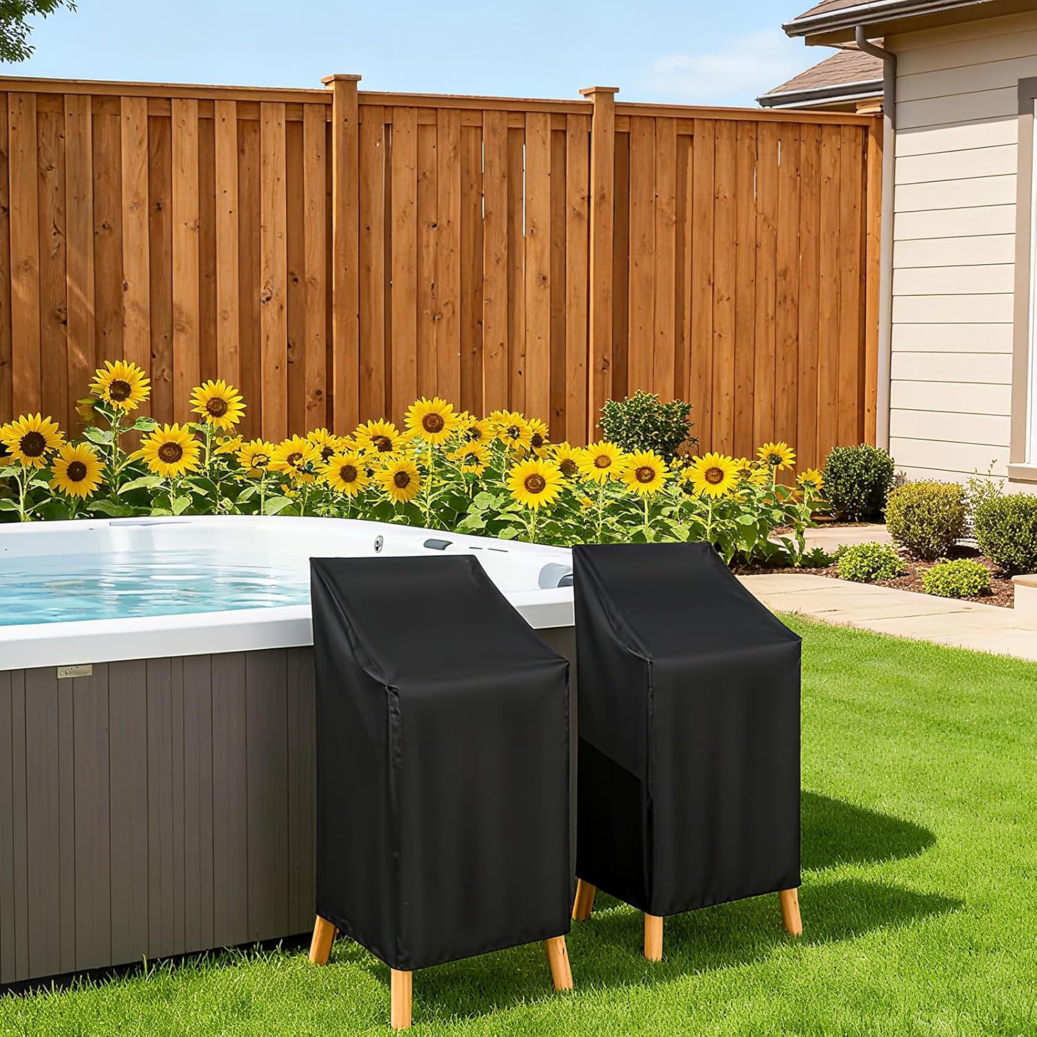 SHENLIU Chair Covers for Outdoor Waterproof 2 Pack, Lawn Chair Covers Heavy Duty Oxford Cloth High Back Patio Cover, Large Cover Fits 4-6 Stackable Dining Chairs, 25"W x 25"D x 47"H, Black - Image 3