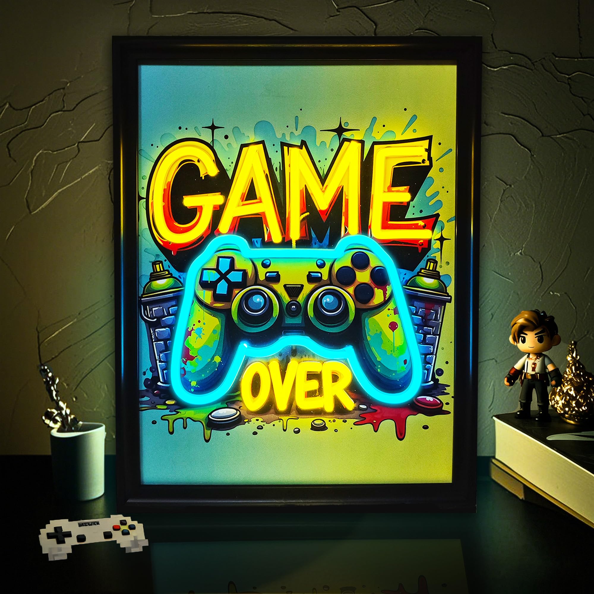 Gamer-Neonschild, cooles Gaming-Wandkunst, Gamepad-Form, dimmbar, Aquarell-Poster, Bilder, bunte Leinwandmalerei, Drucke, zum Aufhängen, Neon für Wand, Schlafzimmer, Spielzimmer, Männerhöhle, Jungen