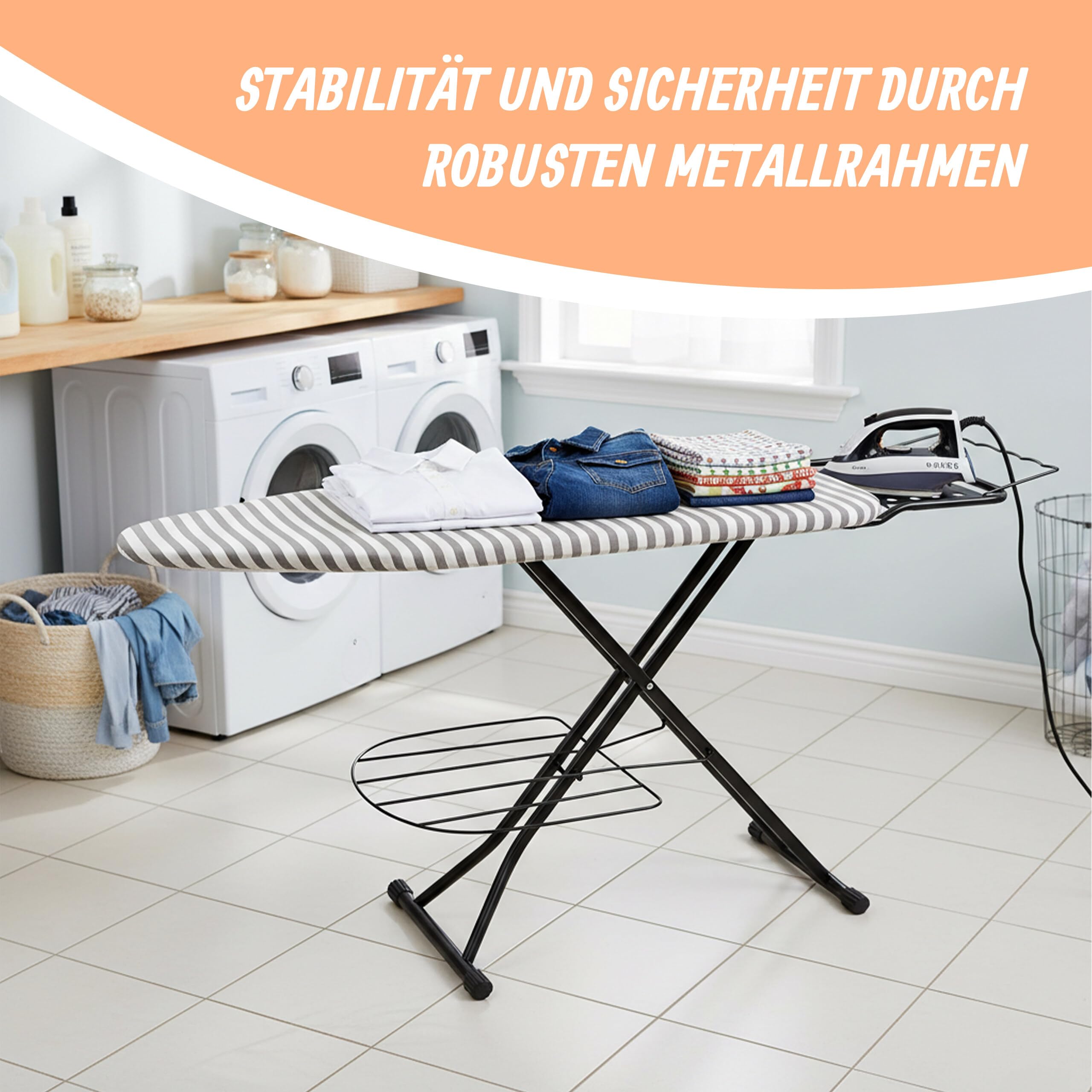 Relaxdays Bügelbrett für Dampfbügeleisen, 110x33 cm, höhenverstellbar, klappbar, Ablage, Bügeltisch gestreift, grau-weiß