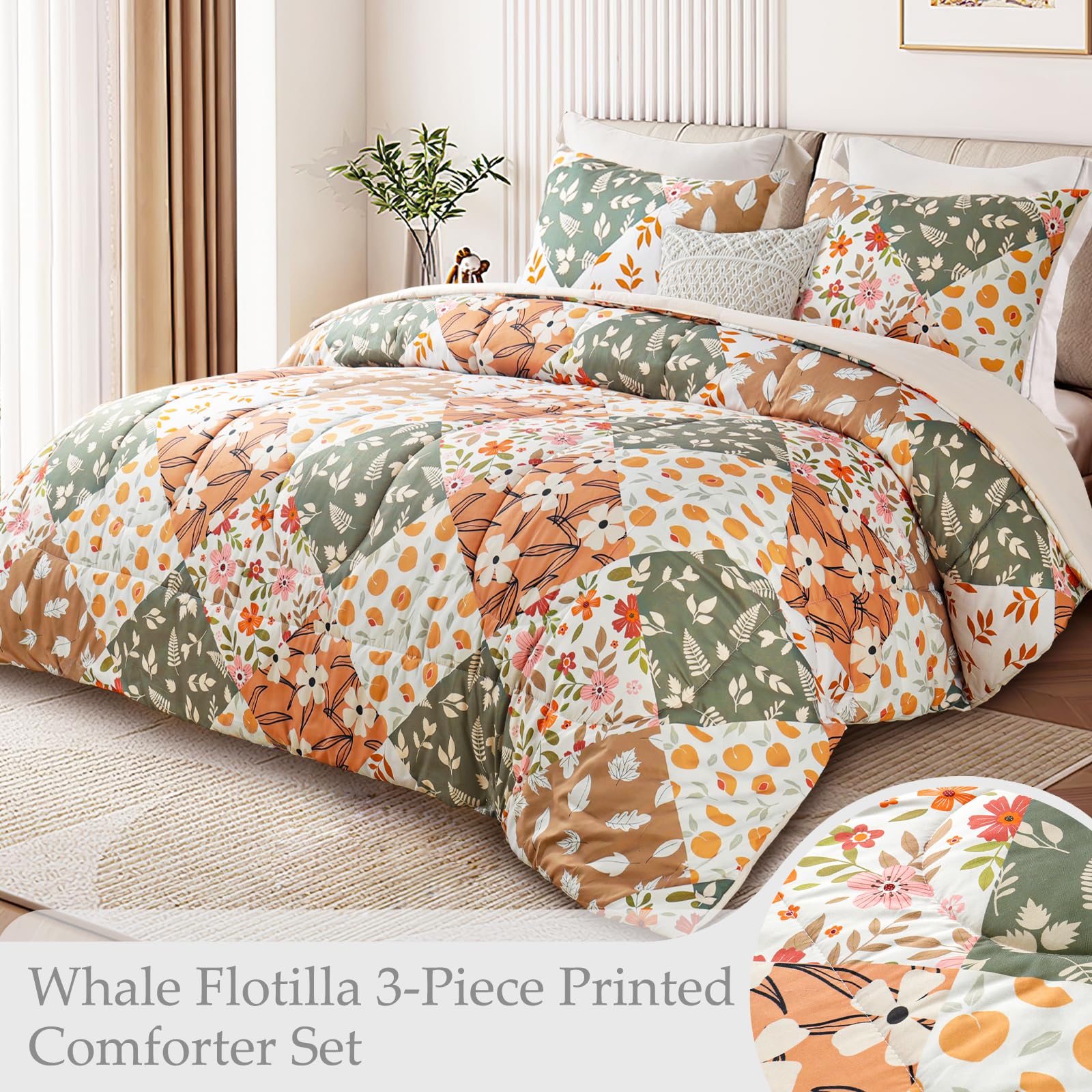 Whale Flotilla 7.5 Tog Double Size Duvet Set, Soft Reversible Coverless Duvet with 2 Pillowcases, Patchwork Printed Down Alternative Bedding Comforter Sets for All Seasons, Orange - Image 2