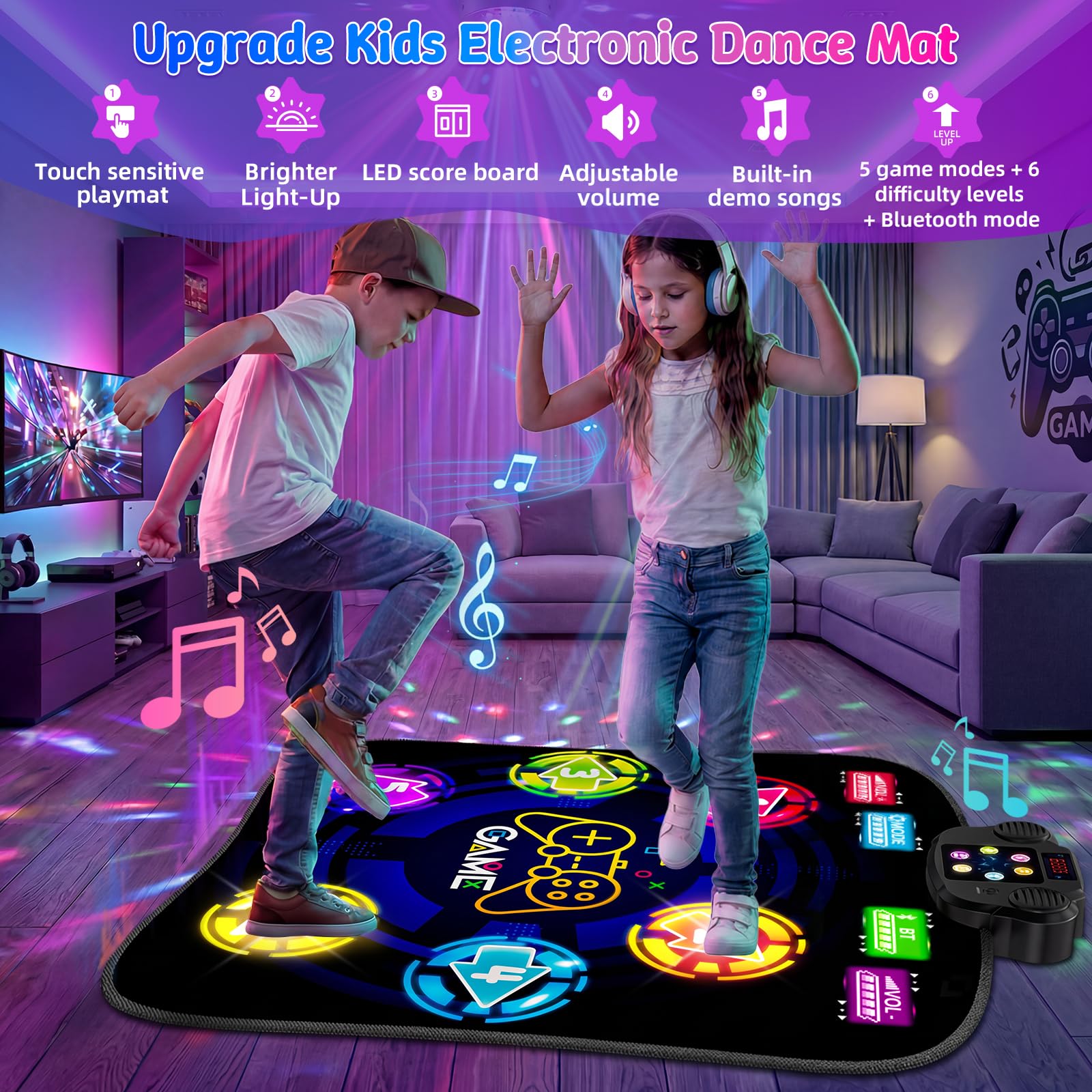 Tappetino da ballo, ritmo step dance, gioco sfida, con luci LED, volume regolabile, musica integrata, nero