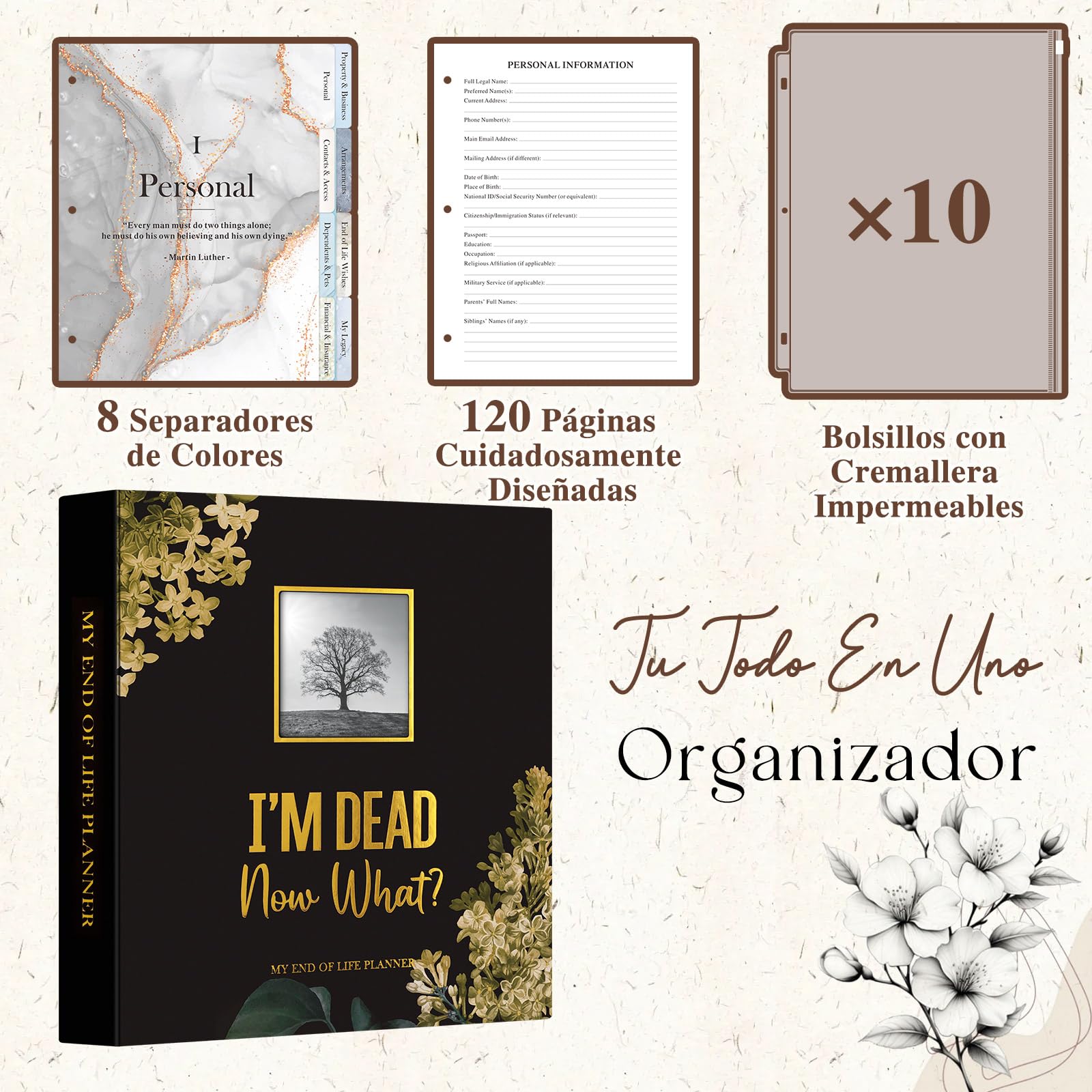 Lanpn Carpeta Organizadora de Fin de Vida – I'm Dead, Now What con 8 Divisores y 10 Fundas, Organizador de Últimos Deseos Testamento Documentos Importantes Planificación Funeraria, Inglés