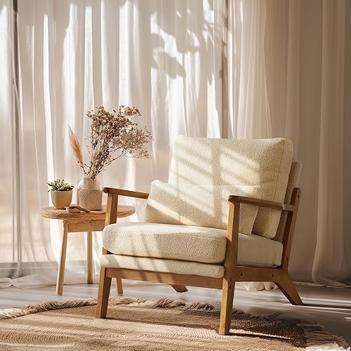 VINGLI Solid Wood Wide Armrests Accent Chair,Upholstered Mid Century Modern Chair with Pillow,Comfy Reading Chair Farmhouse Arm Chair,Chairs Living Room,Bedroom,Guest Room,Teddy Fleece,Khaki