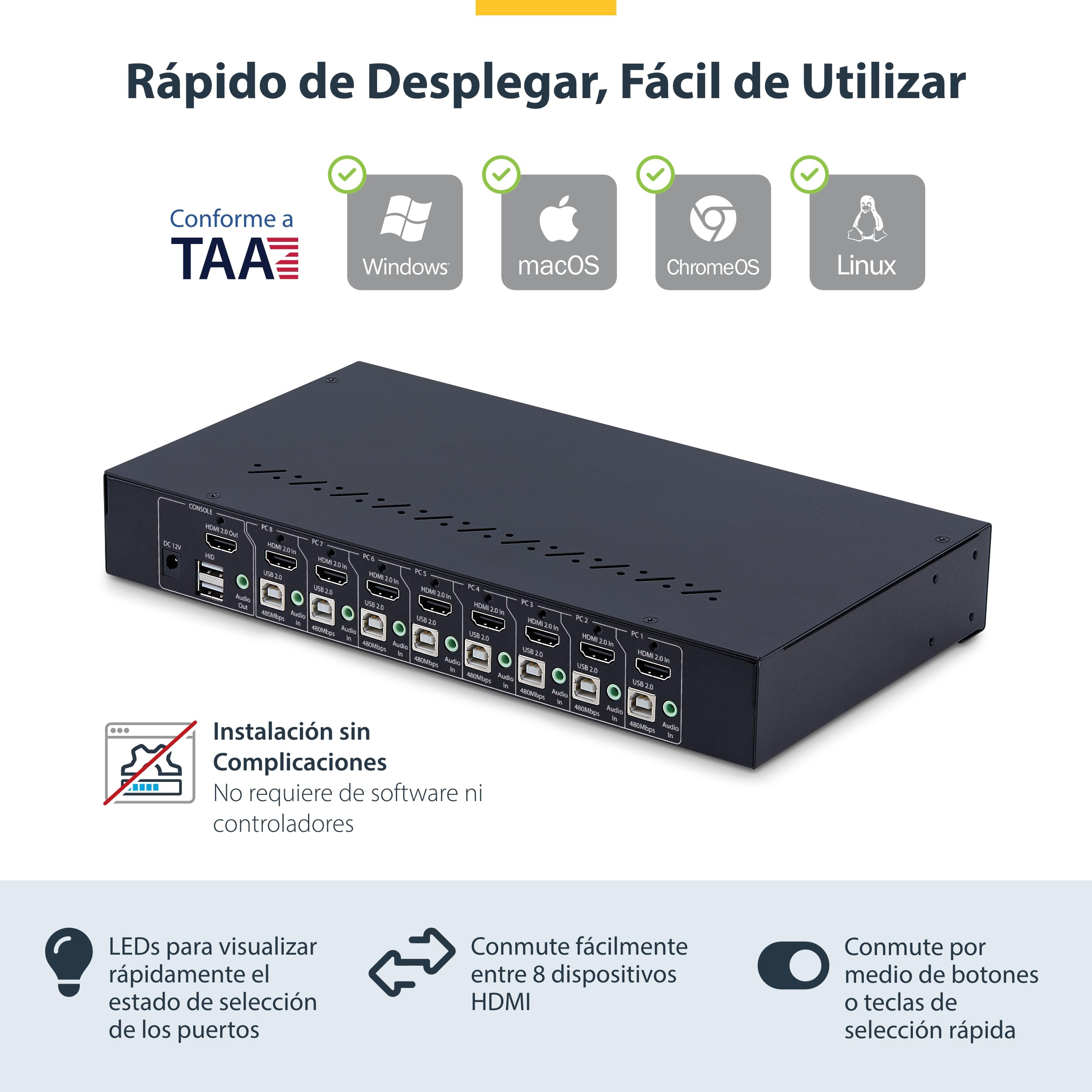 StarTech Switch KVM 8 Puertos HDMI 2.0, 4K 60Hz, Rack 1U | Montaje en rack de 19 pulgadas ANSI/EIA, Control a nivel de BIOS sin software, Teclas de acceso rápido y pulsadores