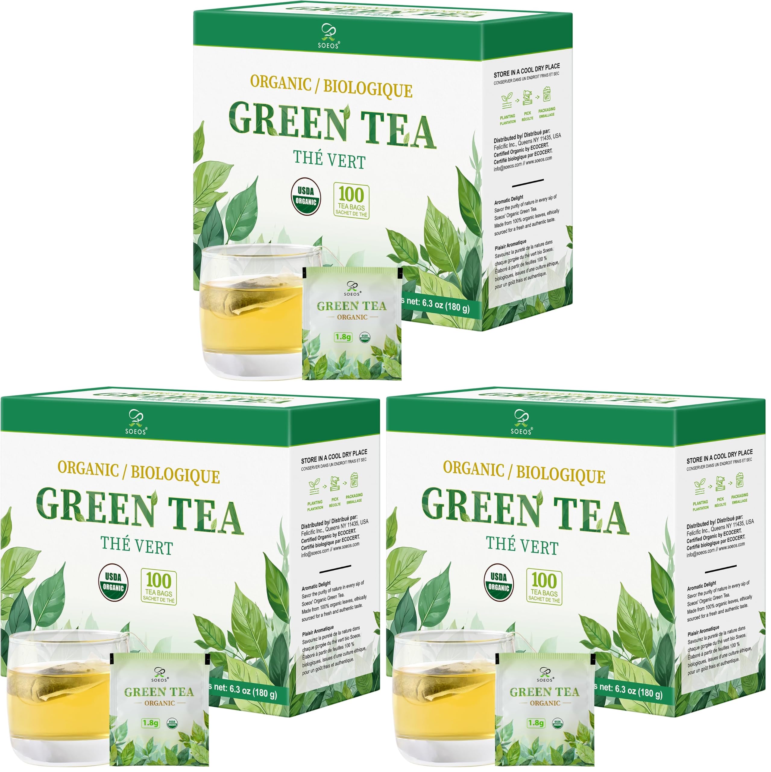 Soeos Organic Green Tea, 100 Tea Bags (Pack of 3), Caffeinated, Fresh and Healthy Green Tea, 6.3 Ounce Organic Green Tea 100 Count (Pack of 3)