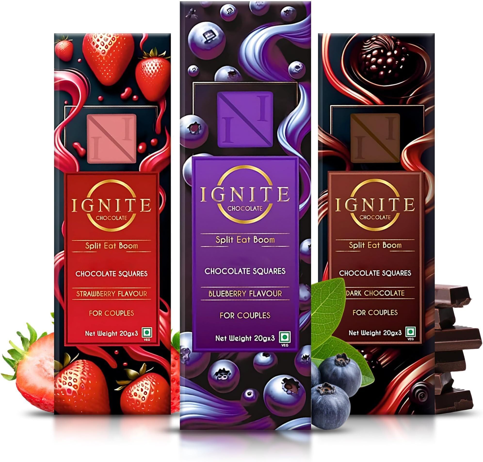 Ignite Chocolate Bars – Dark Chocolate, Blueberry & Strawberry Flavors – A Delicious Treat for Date Night, Valentine's & Special Moments – Ideal for Sharing