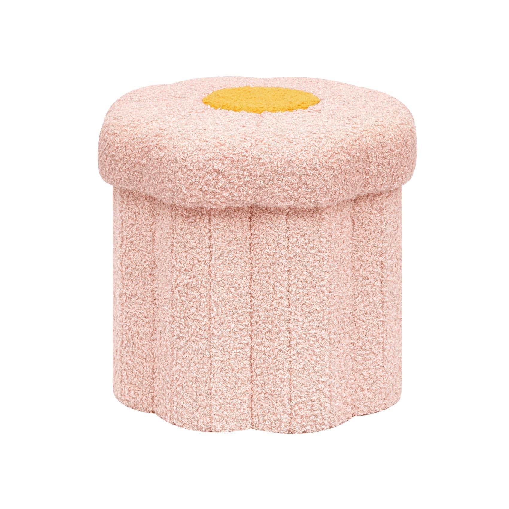 Bonlife Boucle Flower Ottoman Storage Chest, Folding Cute Footstool Small Storage Box for Living Room Kids Room Small Space, Pink,32x32x29cm