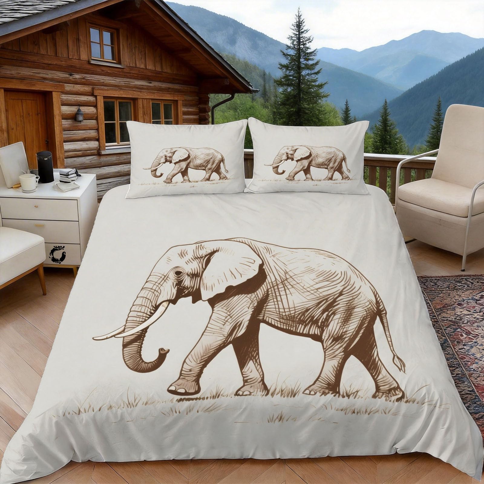 Housse de couette 140x200 éléphant avec 2 taies d'oreiller 65x65 en microfibres pour lit 1 personne