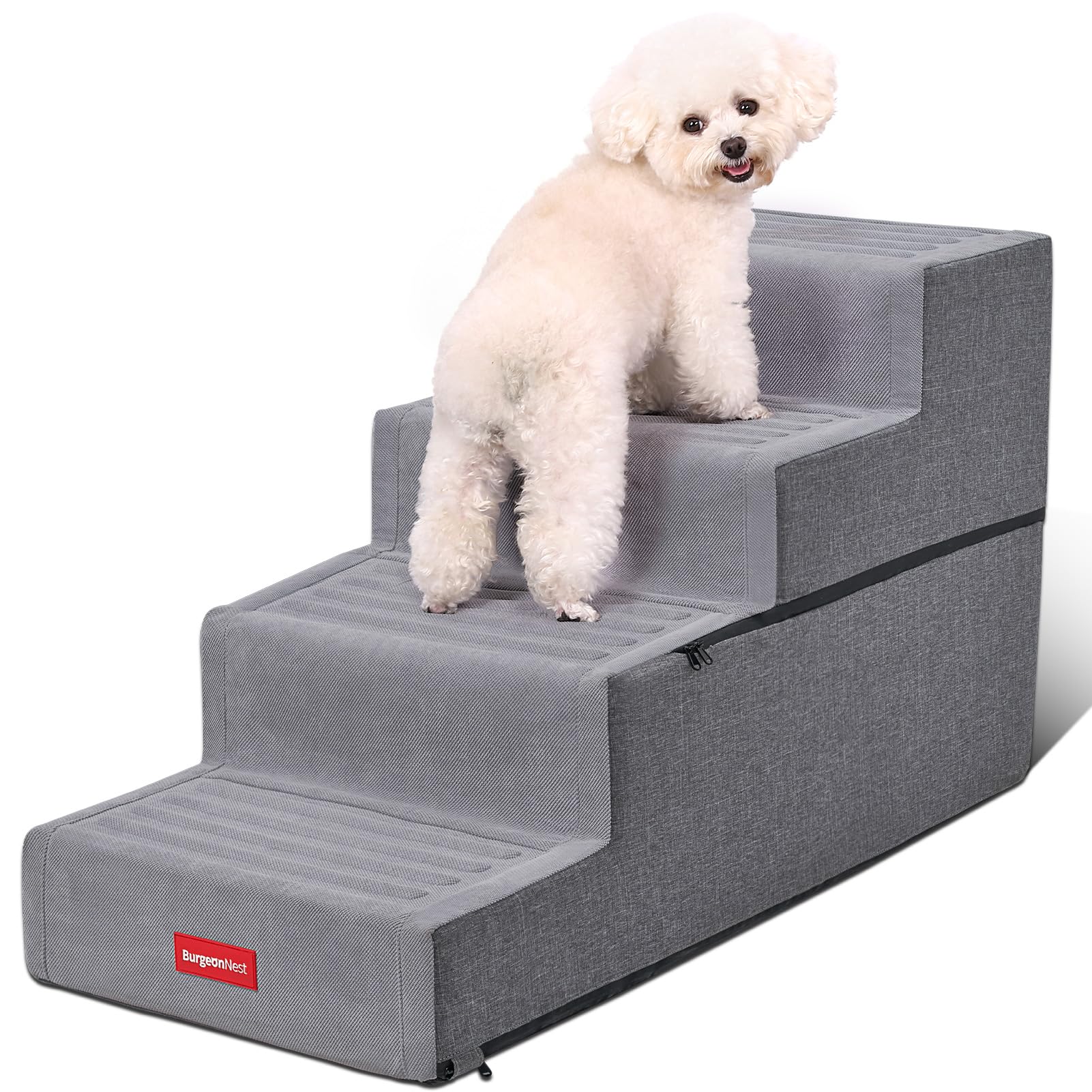 BurgeonNest Dog Stairs for Small Dogs, Extra Wide Dog Steps for Bed and Couch Climbing, Folding Pet Stairs with Removable Washable Cover & Anti-Slip Bottom (4 Step)