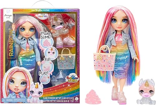 Rainbow High Amaya, Rainbow con kit de slime y mascota, muñeca de moda brillante de 11 pulgadas con slime brillante, mascota mágica de Yeti,