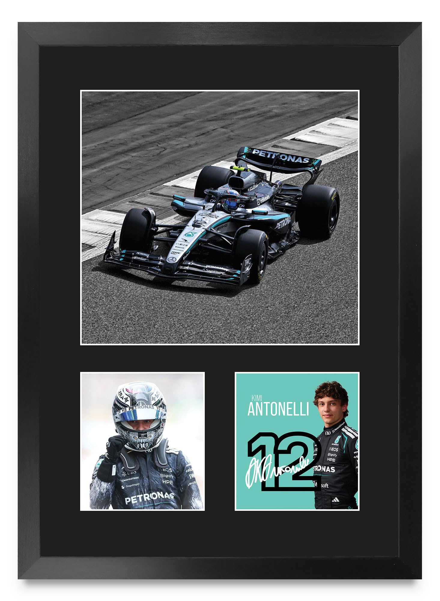 HWC Trading Kimi Antonelli Mercedes Gifts Printed Signed Autograph Picture for F1 Formula 1 Racing Fans - A3 Portrait Framed (ID-009286)