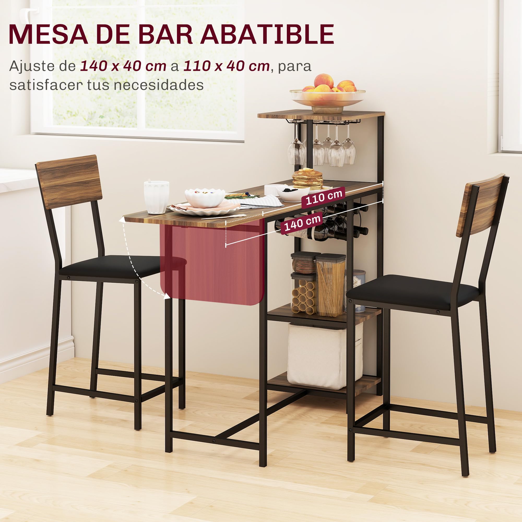 HOMCOM Juego de Mesa y Taburetes de Bar Mesa Alta de Cocina con 2 Taburetes Laterales Abatibles Soporte para Vinos y Estantes Estilo Industrial Marrón y Negro
