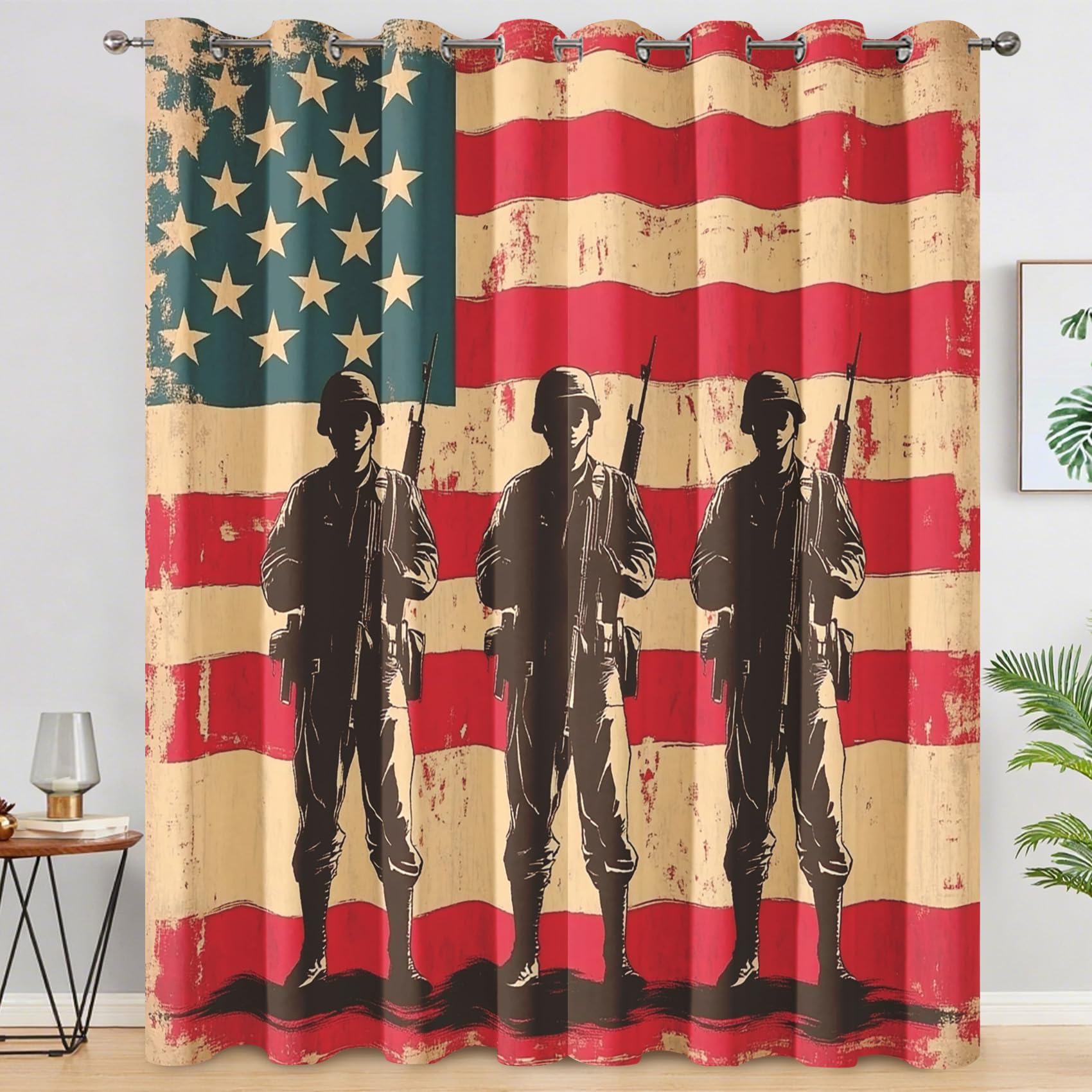 Generisch Blickdichte Vorhänge Soldat, Wohnzimmer Schlafzimmer Deko, Vintage Amerikanische Flagge Gardinen mit Ösen, Thermo Verdunklungsvorhänge 2er Set H137 x B117 cm pw&51