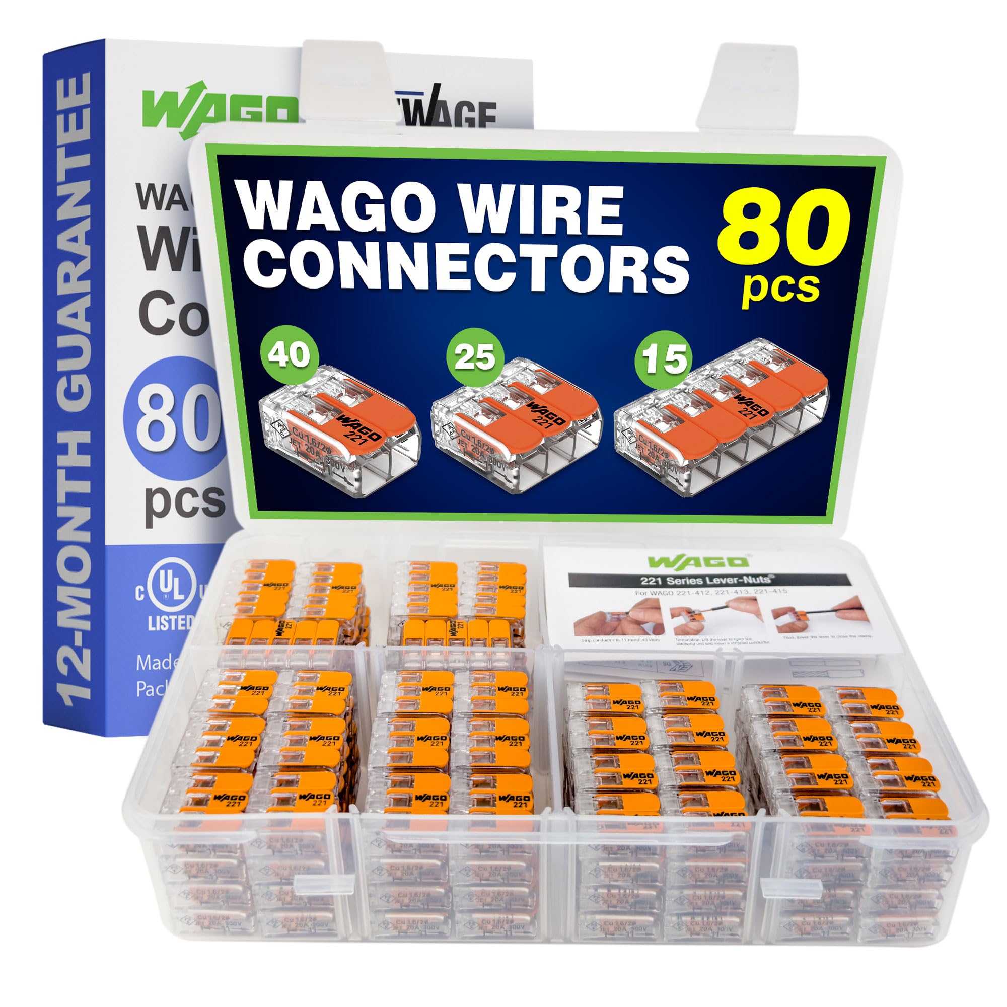 WAGO 221 Series 80pcs Compact Splicing Wire Connectors | 40x 221-412) (25x 221-413) (15x 221-415) | WAGO Wire Connectors | Electrical Splicing Lever Nuts | 221 Series Lever Nuts | 2-3-5 Ports