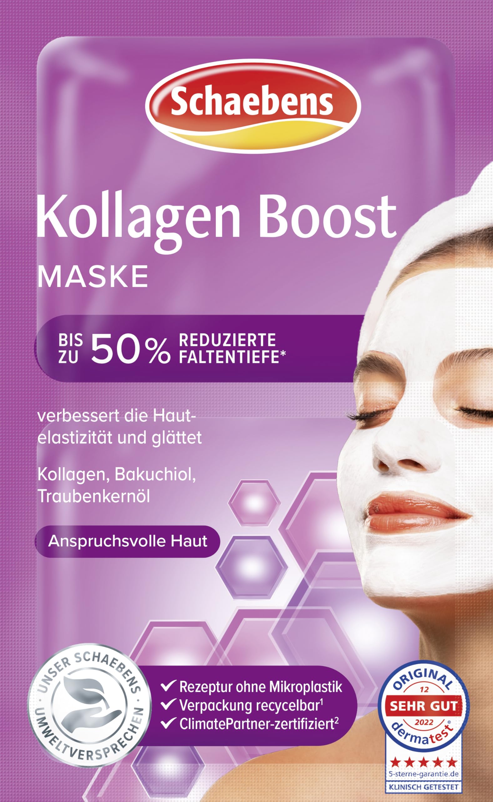 Schaebens Kollagen Boost Maske - die Intensivpflege für glattere und jünger aussehende Haut mitKollagen, Bakuchiol und Traubenkernöl für anspruchsvolle Haut, 2 Anwendungen