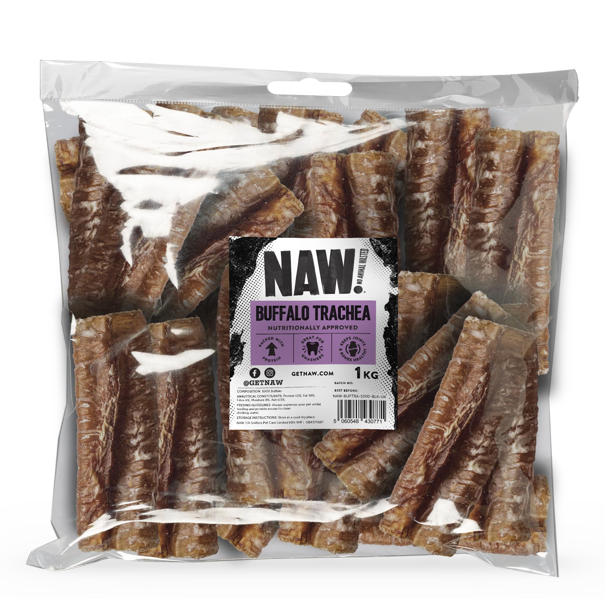 NAW Trachea Chews For Dogs, 1kg. Premium Buffalo Trachea Dog Chews Made From 100% Natural Buffalo To Support Healthy Dental Hygeine