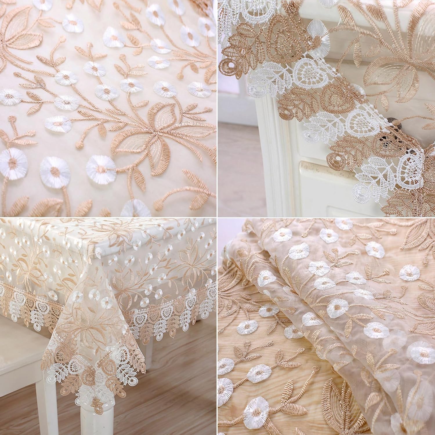 Lace Tablecloth Rectangle Chic Embroidered Table Cover, Vintage Overlay Table Cloth for Wedding Banquet Birthday Party Formal Dining Table, Refrigerator TV Dustproof Cover, Coffee White, 60×87in