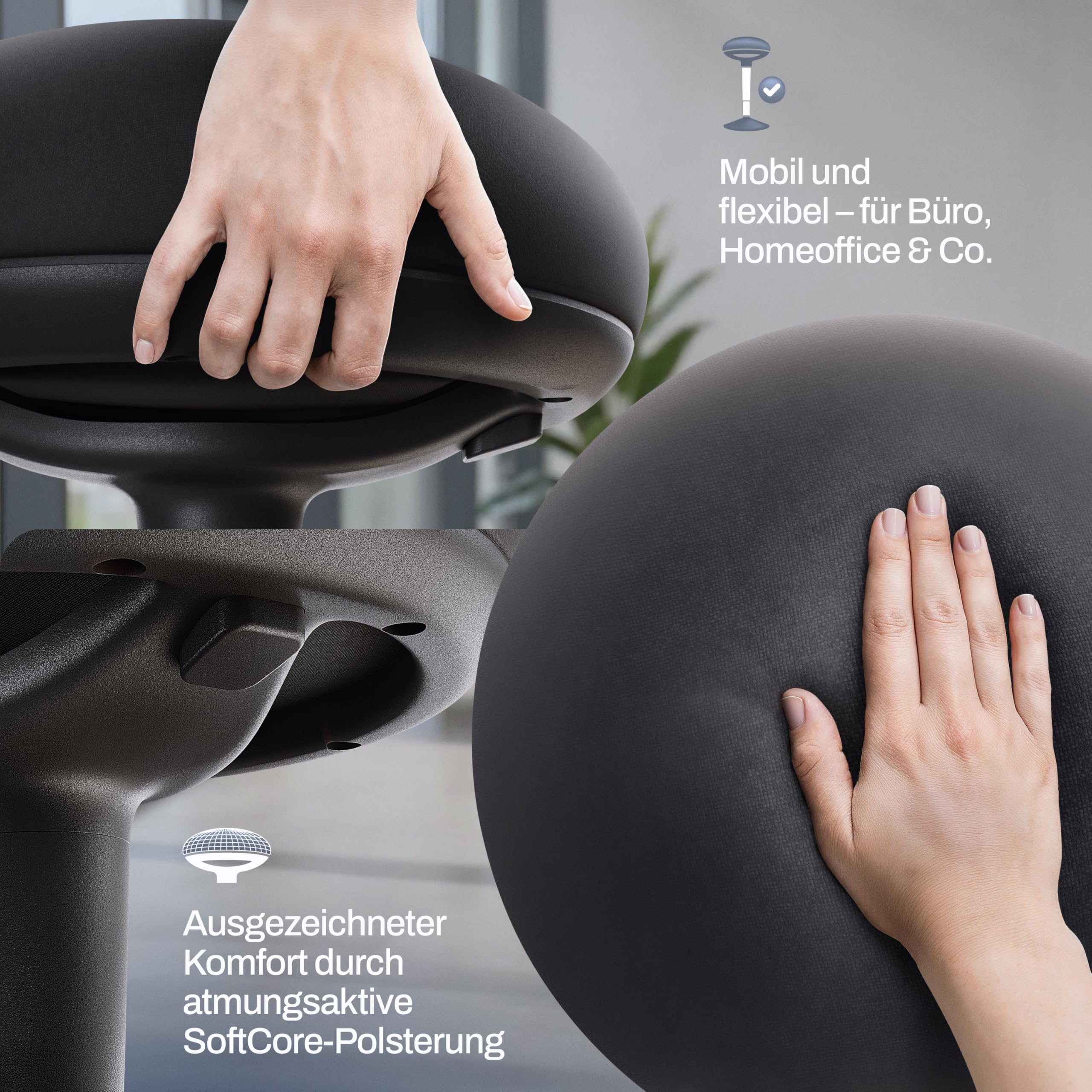 Bürohocker ergonomisch [Zertifiziert] 2in1 Sitzhocker & Stehhocker höhenverstellbar | Ergonomischer Hocker Schwarz für Büro und Schreibtisch - Wackelhocker + Pendelhocker mit Schwingeffekt