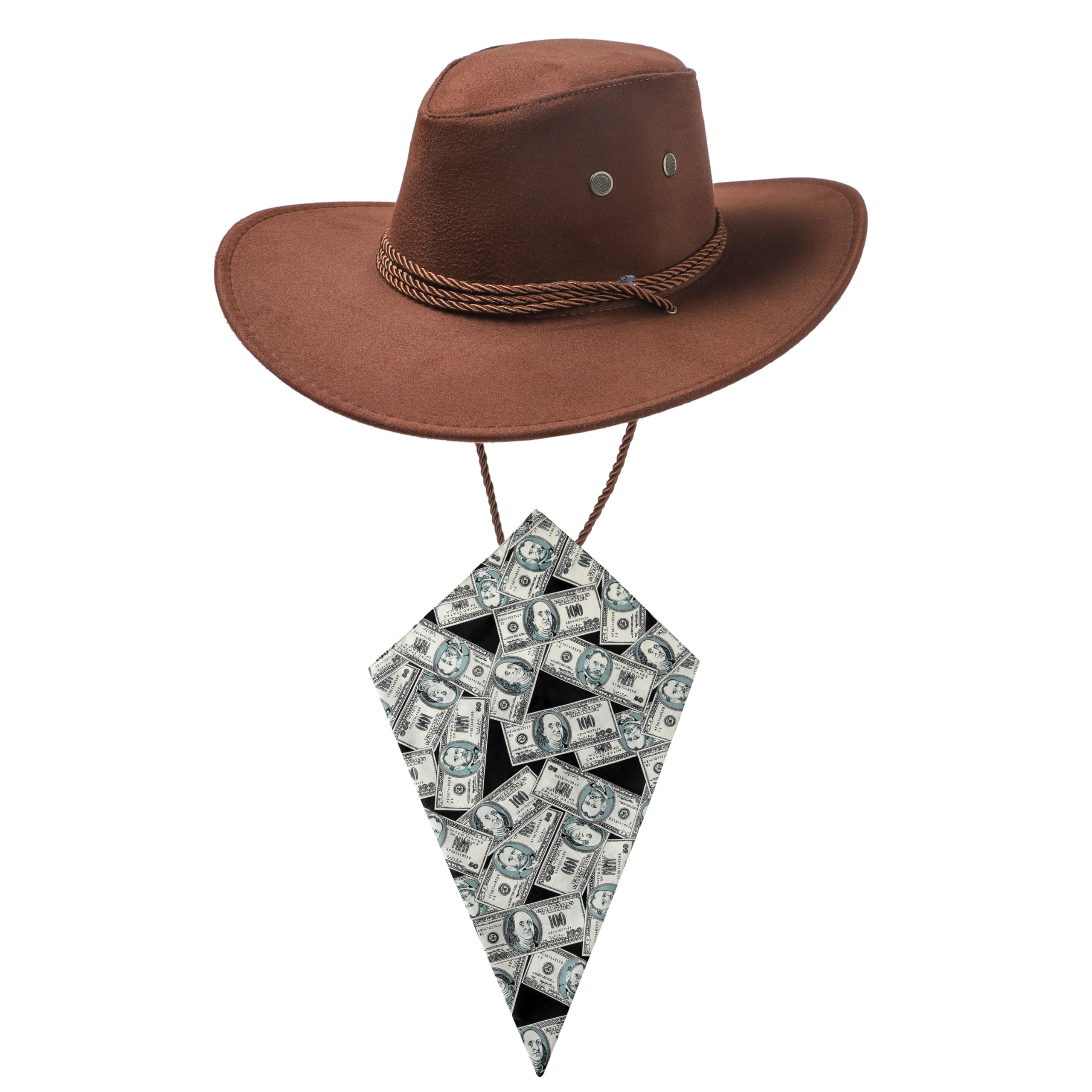 Dark Brown Cowboy Hat and USA Dollars Bandana Western Sun Cap Faux Felt Leather Suede Fancy Dress Party Costume Outfit Neckscarf Sun Protection Mens Womens โ image 1