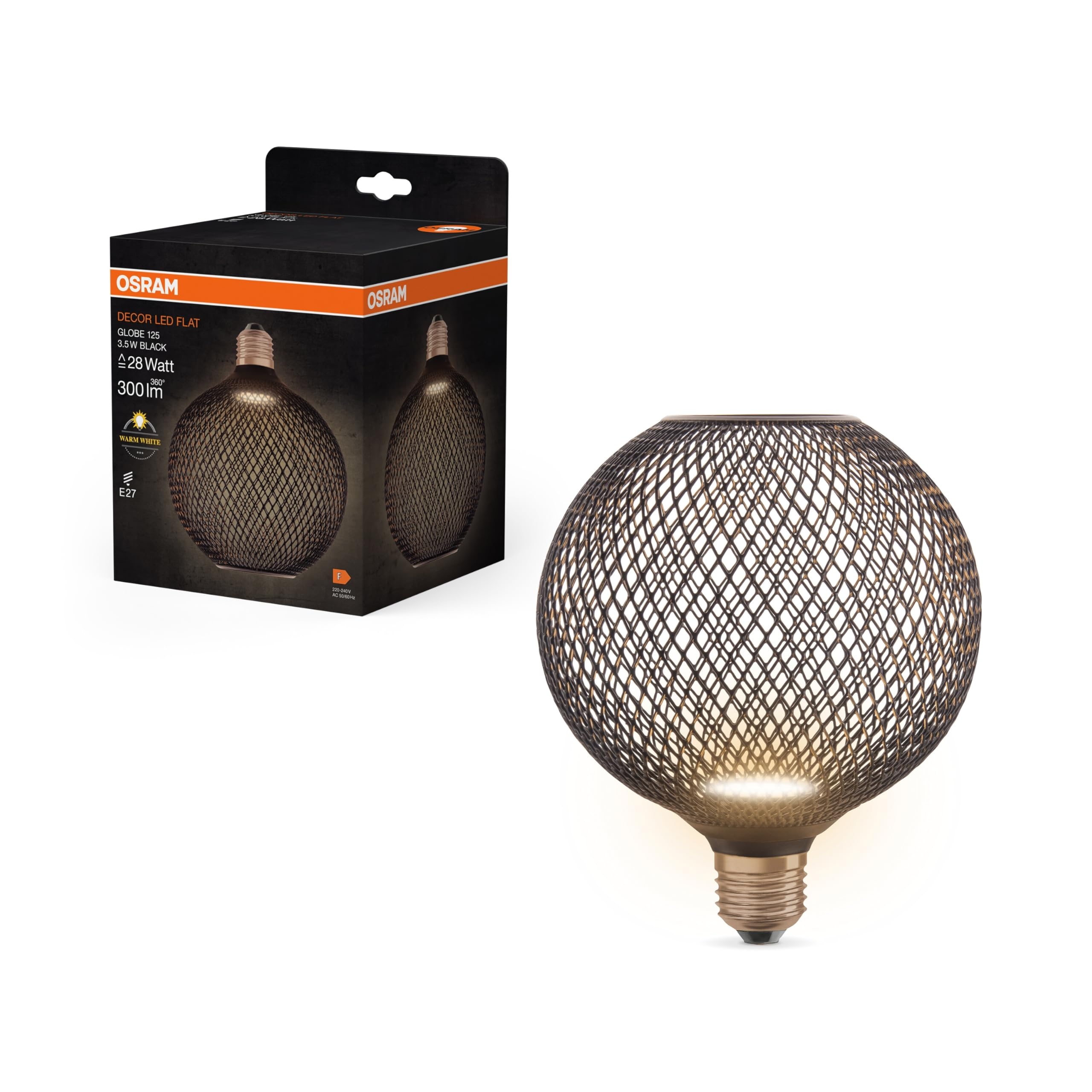 Osram Decorative LED Flat Globe ist eine Flache runde lamp mit 3.5W, 300lm/2700K, in Warmweiß 827, Frosted, aus Kunststoff in Schwarz, mit E27 Schraubgewinde, Nicht dimmbar, 125 mm Durchmesser.
